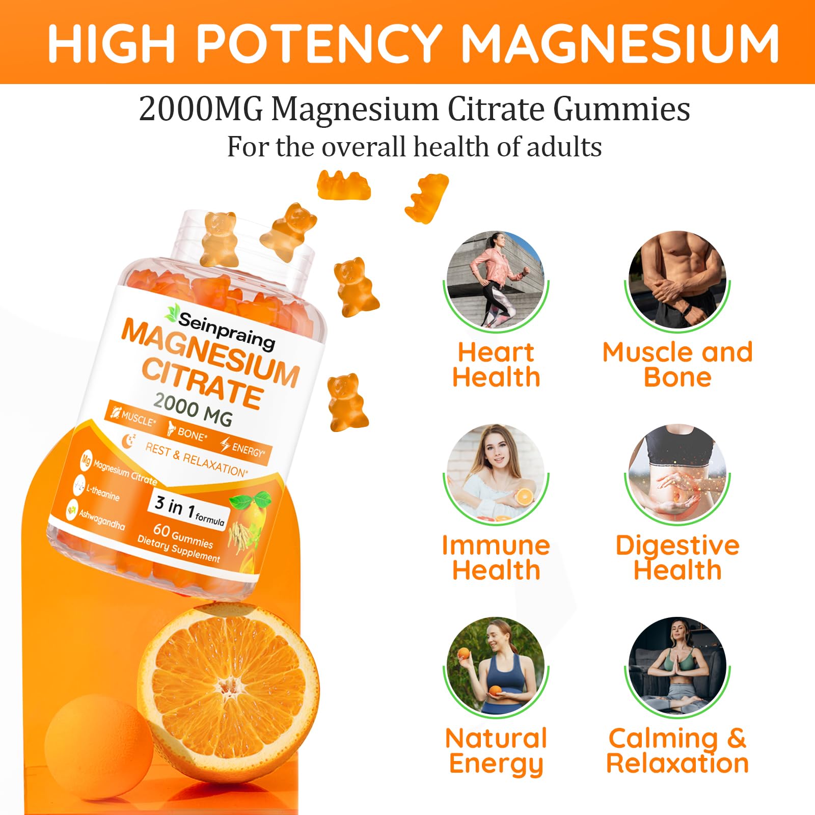 2000mg High Absorption Magnesium Citrate Gummies for Adults - Sleep, Relaxation & Energy Support with Ashwagandha - Muscle, Bone & Digestive Health Supplement - 120 Count (Perfect for Nighttime Routine & Active Lifestyles)