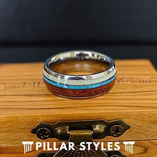 Premium Tungsten Wedding Band for Men - 8mm Deer Antler & Koa Wood Ring with Turquoise Inlay - Durable Mens Jewelry Gift for Anniversary, Engagement & Outdoor Enthusiasts
