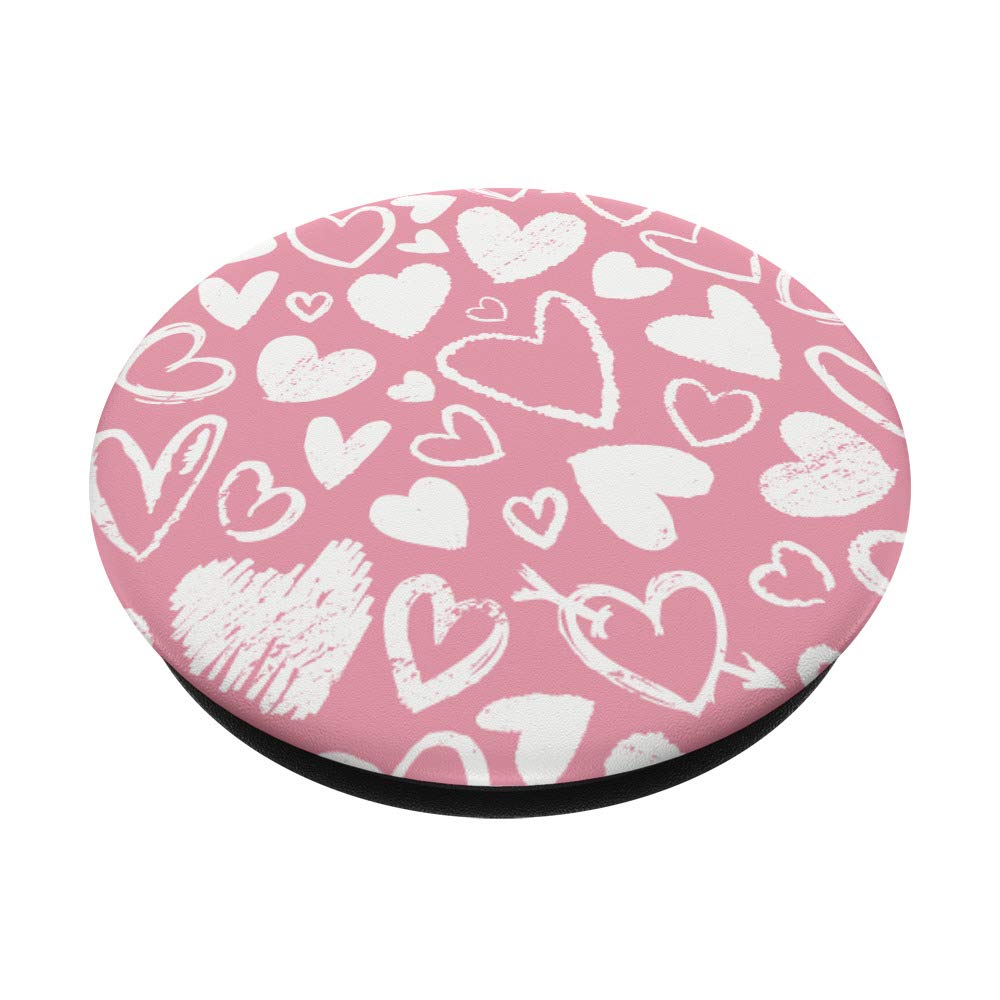 Cute Lovely Chalk Hearts On Pink Pattern Design PopSockets Swappable PopGrip - Phone Grip Stand for iPhone Samsung - Perfect for Valentine's Day Gifts, Everyday Use & Selfies