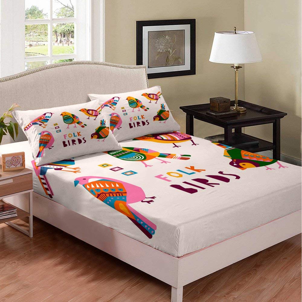 Flok Bird Geometric Pattern Queen Size Microfiber Bed Sheet Set - 3 Piece Soft & Breathable Duvet Cover (1 Fitted Sheet + 2 Pillowcases) for Cozy Bedroom Decor & Guest Room Essentials