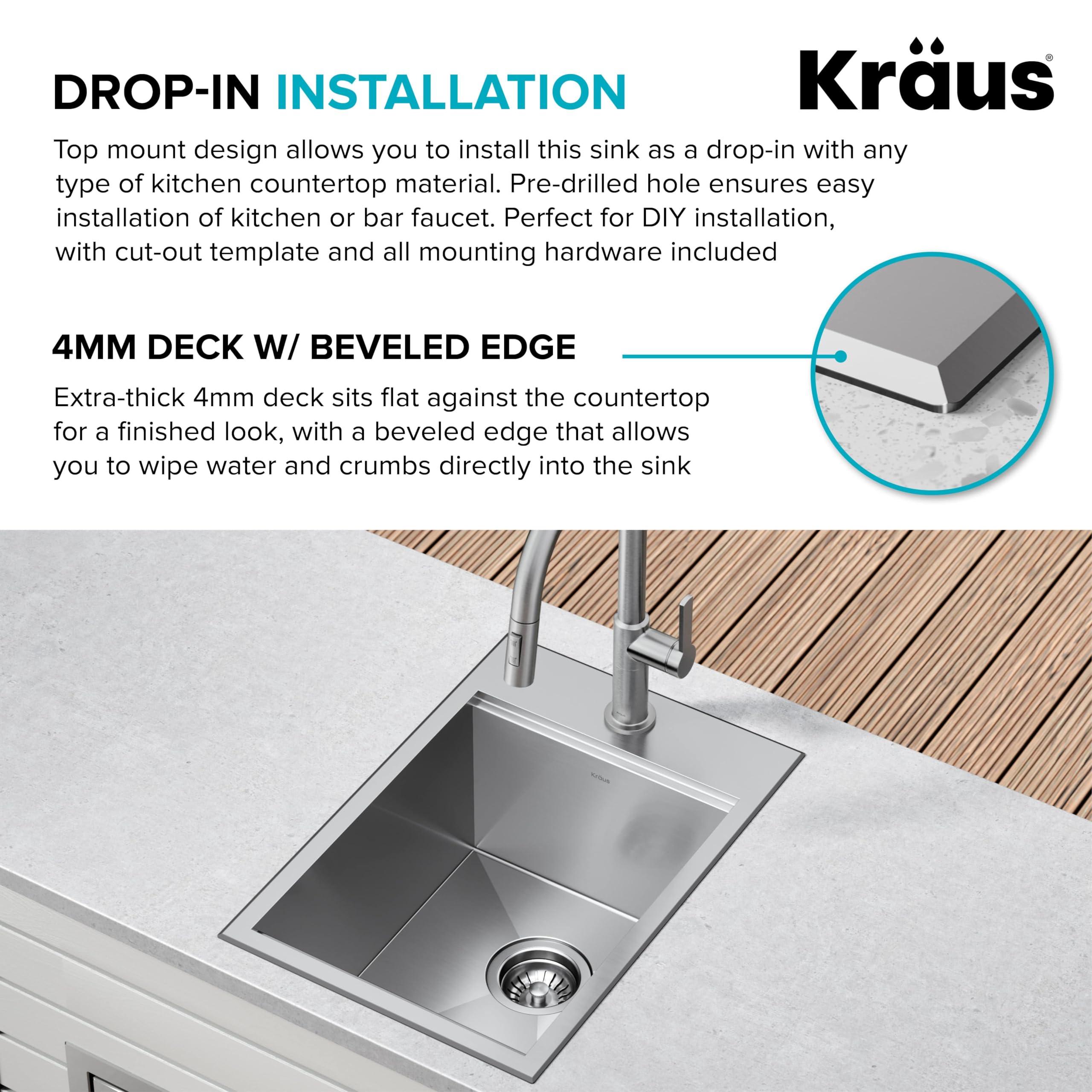 KRAUS Kore 15-Inch Drop-In/Top Mount Stainless Steel Kitchen Sink - 16 Gauge Single Bowl Bar Prep Sink with Accessories (Model KWT311-15) - Perfect for Small Kitchens, Bars & Food Prep Stations