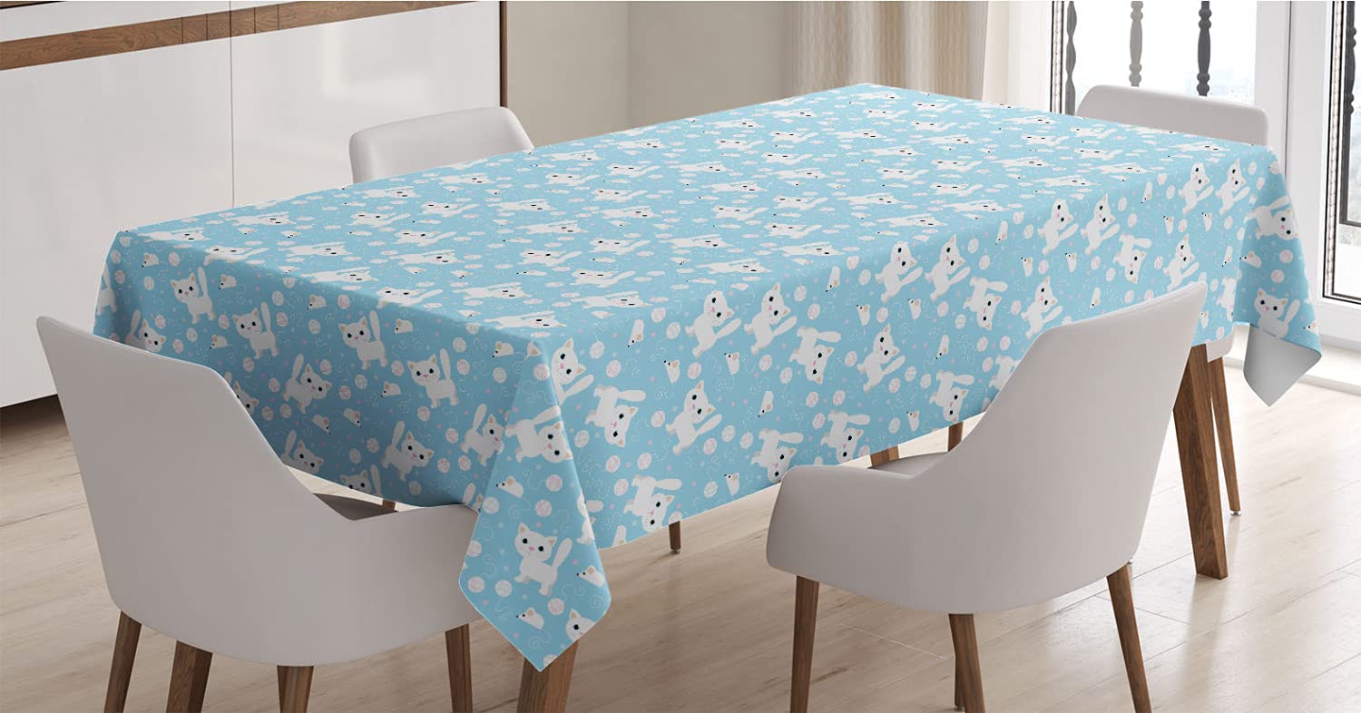 Ambesonne Cartoon Cat Tablecloth - Funny Feline with Yarn Ball & Mouse Design, Dotted Background Satin Dining Table Cover 60x90 Inches, Cream & Blue - Perfect for Kitchen, Dining Room, and Party Decorations