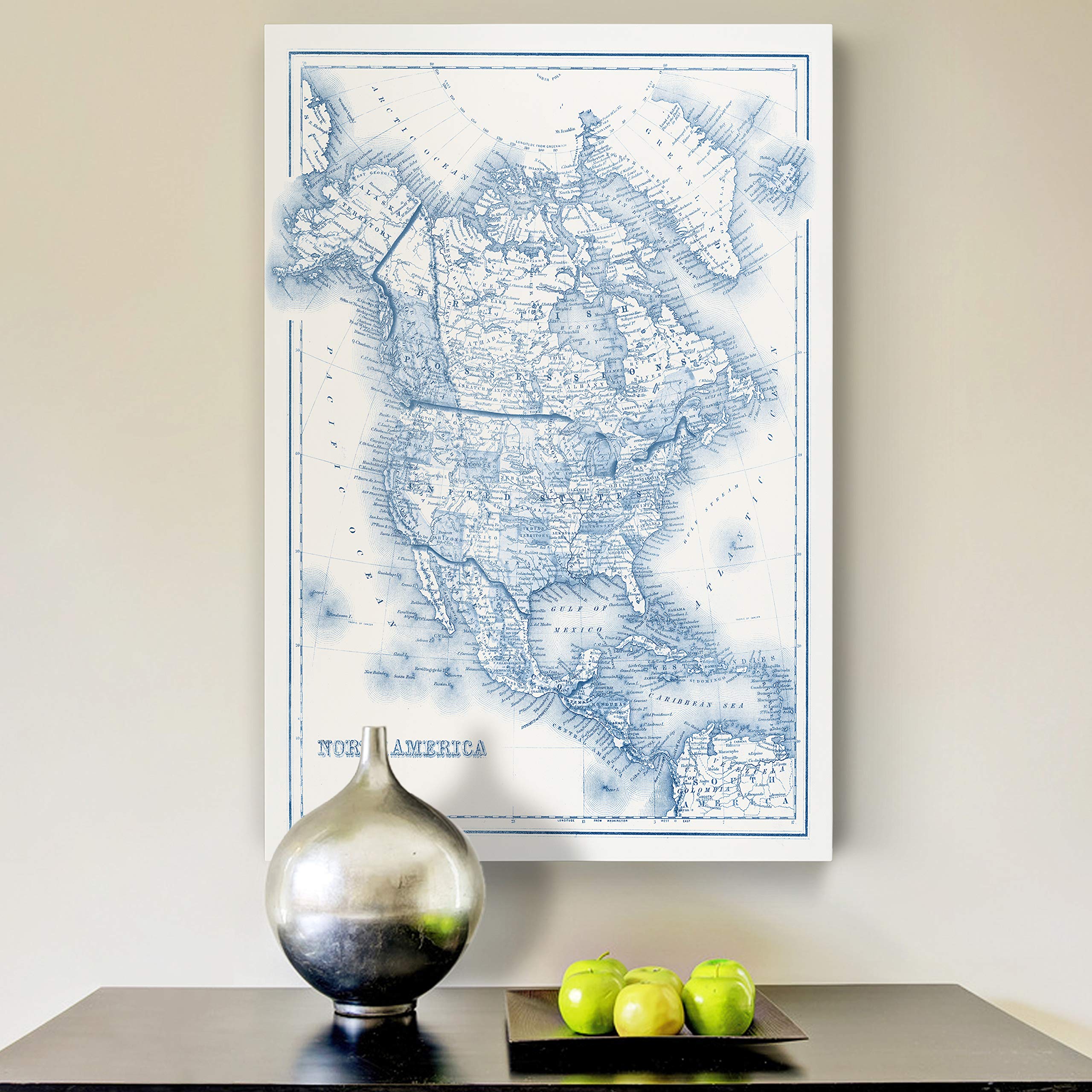 North America in Shades of Blue Gallery Wrapped Canvas Wall Art - Stunning Blue Map Decor for Living Room, Office & Bedroom - Perfect Home & Gift Idea
