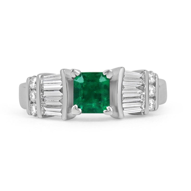 1.05tcw AAA Fine Quality Vivid Dark Green Emerald Asscher Cut Diamond Accent Platinum Ring - Elegant Wedding, Engagement & Anniversary Jewelry Gift