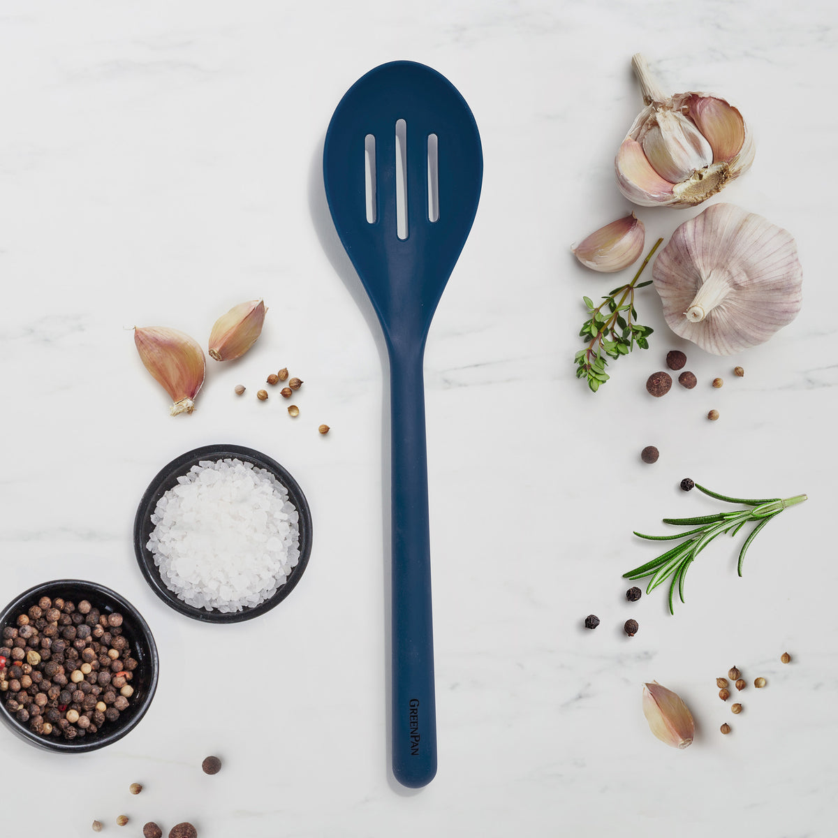 Premium Platinum Silicone Slotted Spoon - Heat-Resistant Kitchen Utensil for Cooking, Serving & Straining - Navy Blue - Perfect for Pasta, Soup & Salad Preparation