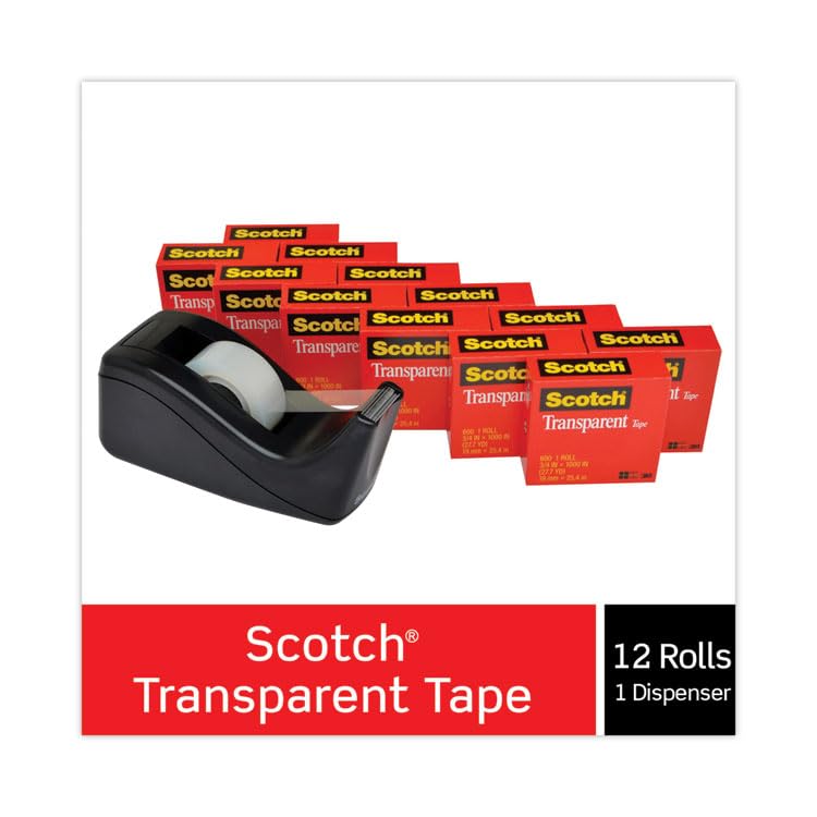 Black Transparent Tape Dispenser Value Pack - 1 Inch Core, 12 Pack for Office, School & Home Use | Heavy-Duty Tape Holder for Desk, Crafting & Packaging