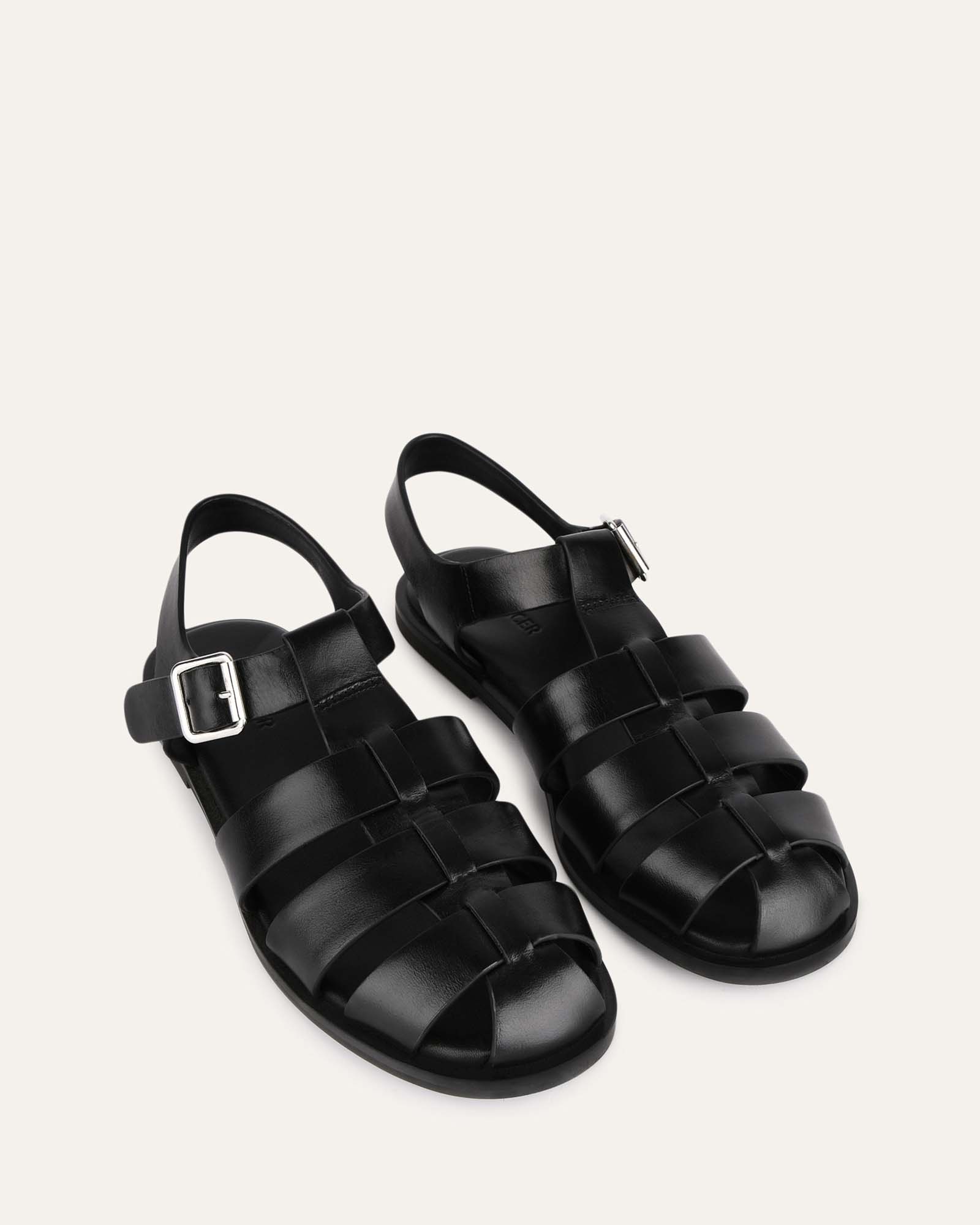 FINN Flat Sandals for Women - Black Leather Straps Comfortable Slide Sandals for Summer, Beach, and Casual Wear