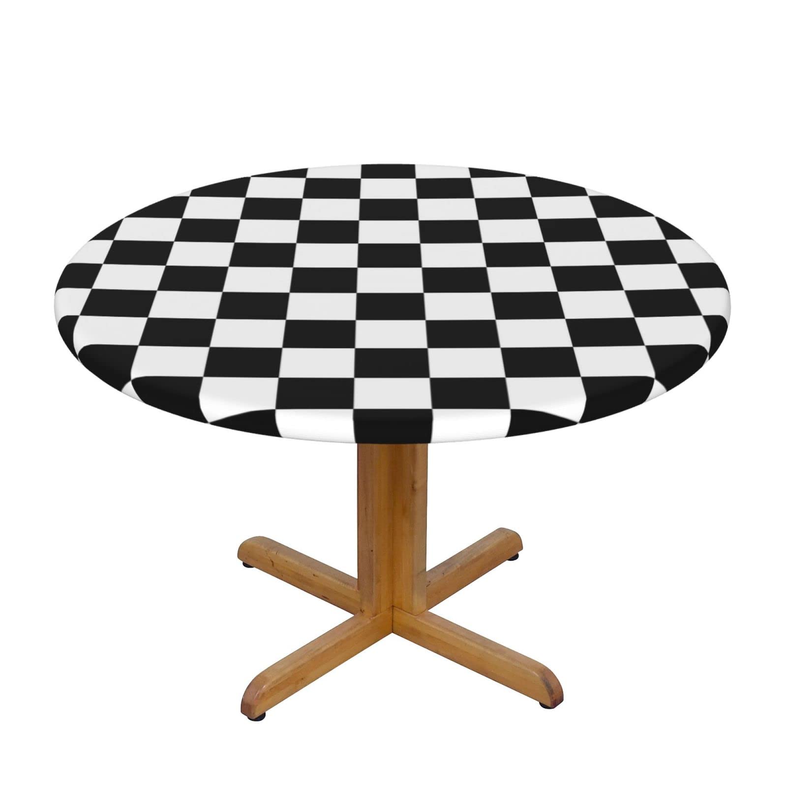 Waterproof Elastic Checkerboard Tablecloth - Black & White Round Fitted Table Cover for Indoor & Outdoor Use - Wipeable & Durable Decor for Patio, Picnic, Dining, and Party Tables
