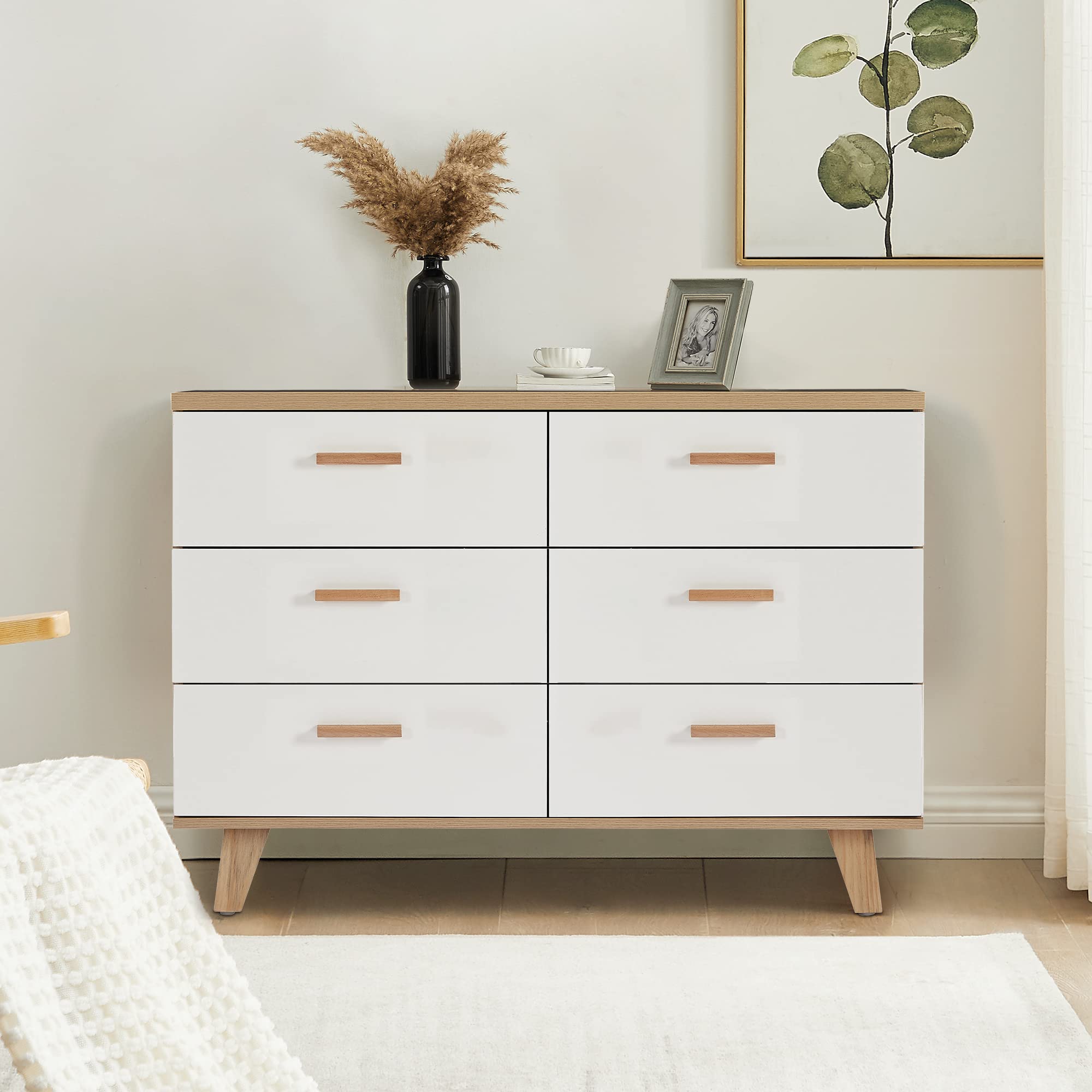 Modern 6-Drawer Dresser with Wood Handles - Elegant Storage Cabinet for Bedroom, Living Room & Kids Room | Space-Saving Closet Organizer & Home Decor Solution