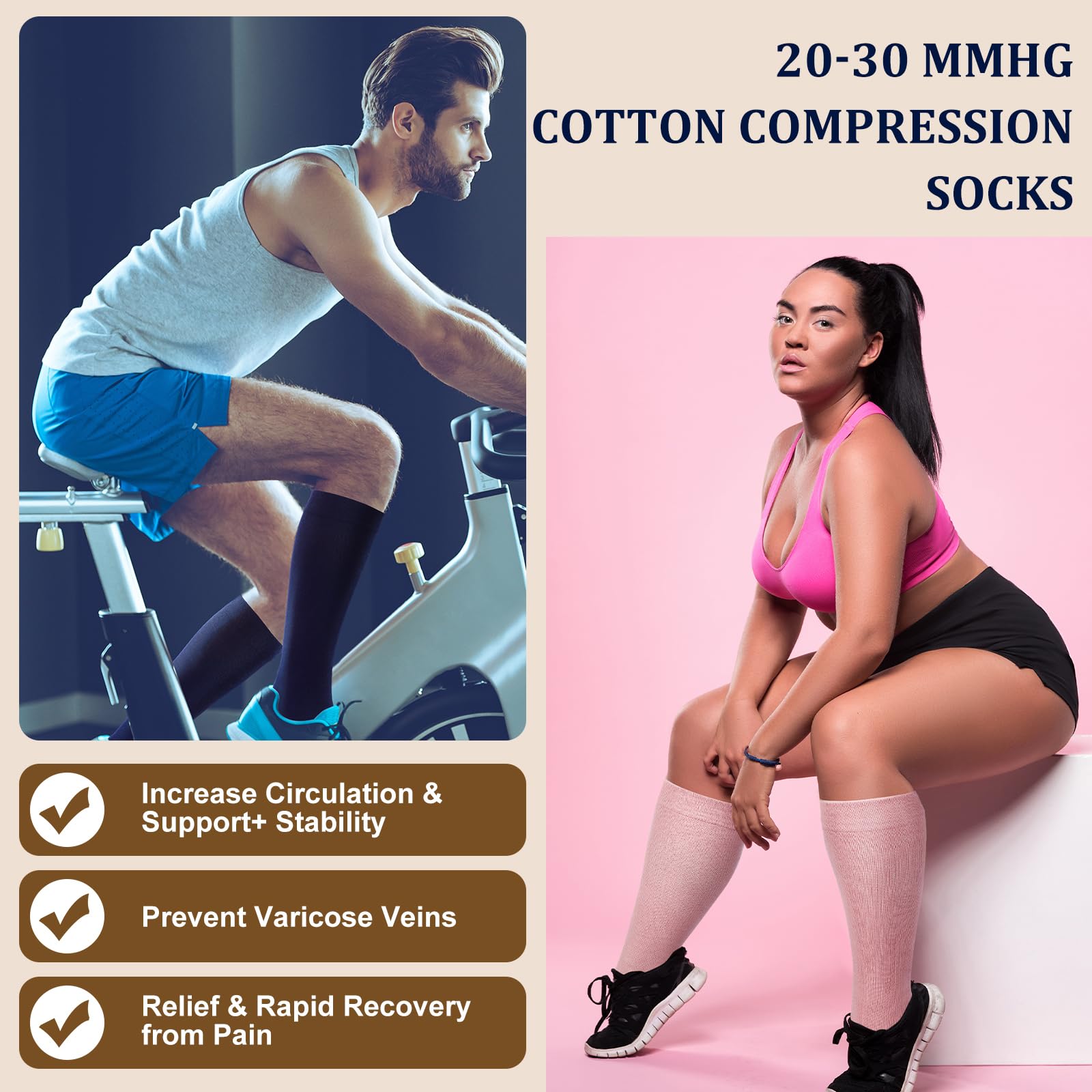 4 Pairs Cotton Compression Socks for Women & Men (20-30mmHg) - Best Support Stockings for Running, Hiking, Cycling - Improve Circulation & Reduce Swelling for Travel & Work