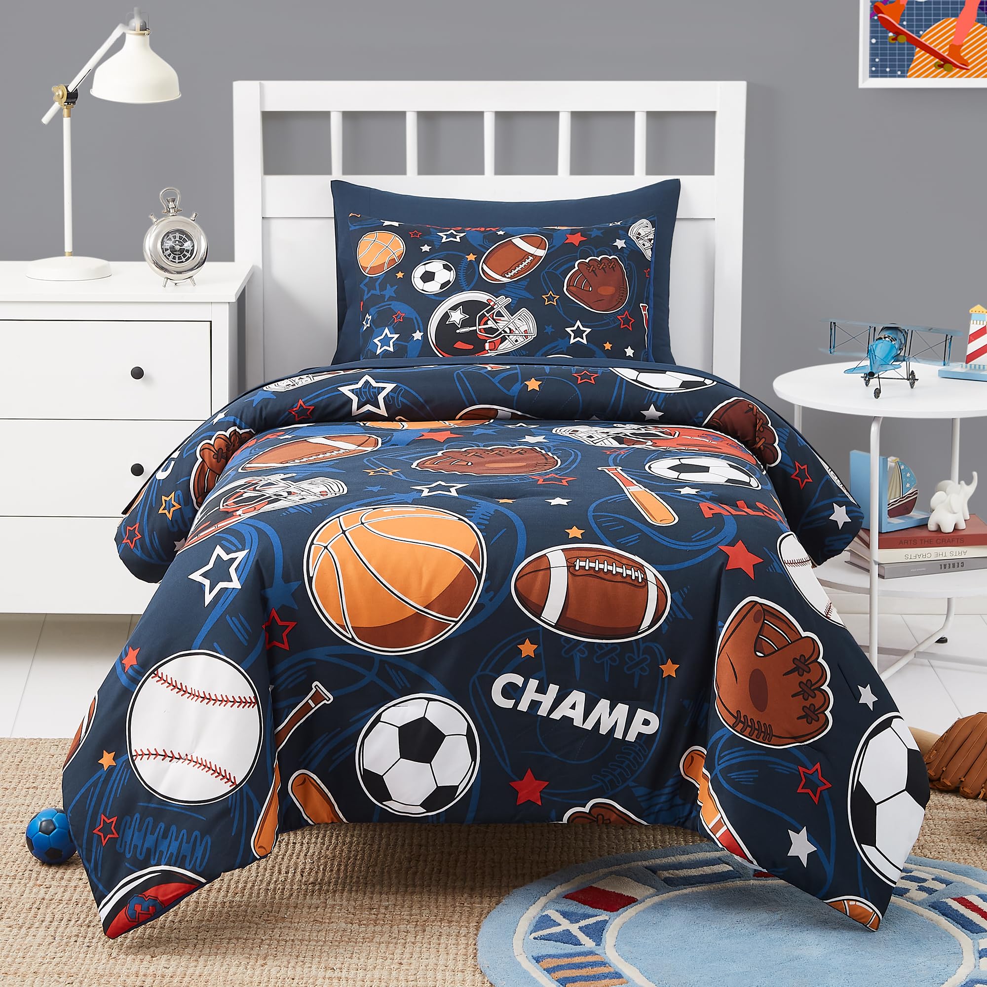 5-Piece Twin Kids Comforter Set for Boys & Girls - Glow in The Dark Sports Ball Design, Includes Sheets & Bedding - Perfect for Teen Bedrooms, Sleepovers & Game Room Decor