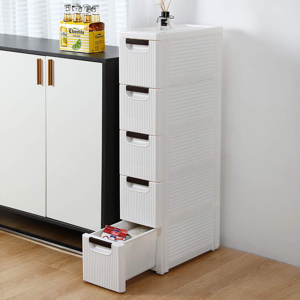 Narrow Slim Storage Cart with Wheels - 5-Tier Kitchen Cabinet Organizer, Small Plastic Shelf with Drawers for Bathroom & Fridge Side (7.5