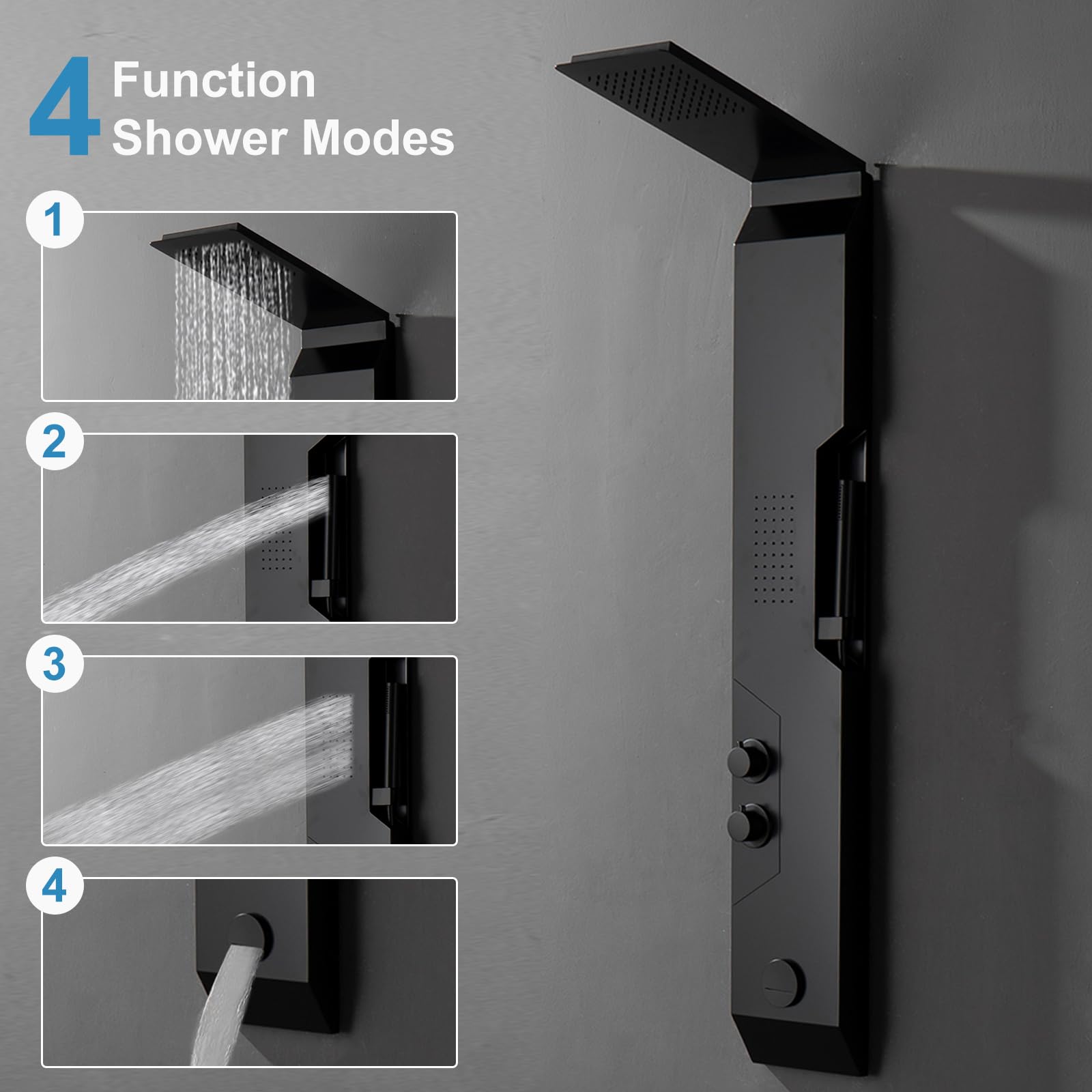 BWE Matte Black 304 Stainless Steel Shower Panel Tower System - Rainfall Shower Head, Body Jets & Handheld Spray - Modern Multi-Function Bathroom Upgrade for Spa-Like Experience at Home