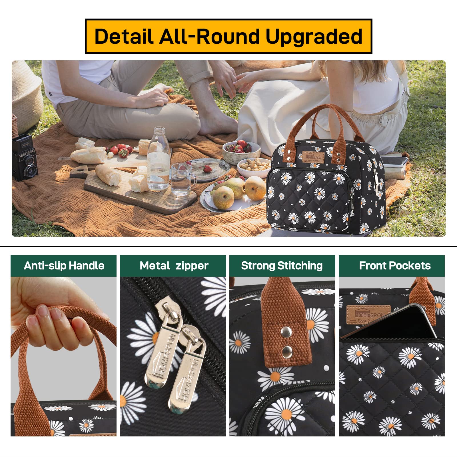 Burninger HOMESPON Insulated Lunch Bag for Women & Men - Leakproof Lunch Tote with Front Pocket - Perfect for Work, School, Picnic, Travel & Outdoor Activities (Daisy Pattern)