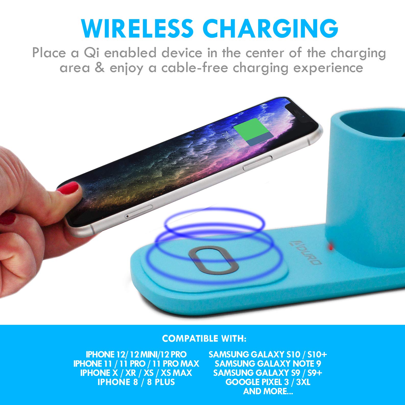 Aduro U-Light LED Desk Lamp with Wireless Charger - Dimmable Eye-Caring Study Lamp with Organizer, 3 Brightness Levels & USB Port - Perfect for Home Office, Reading & Nightstand Use (Blue)
