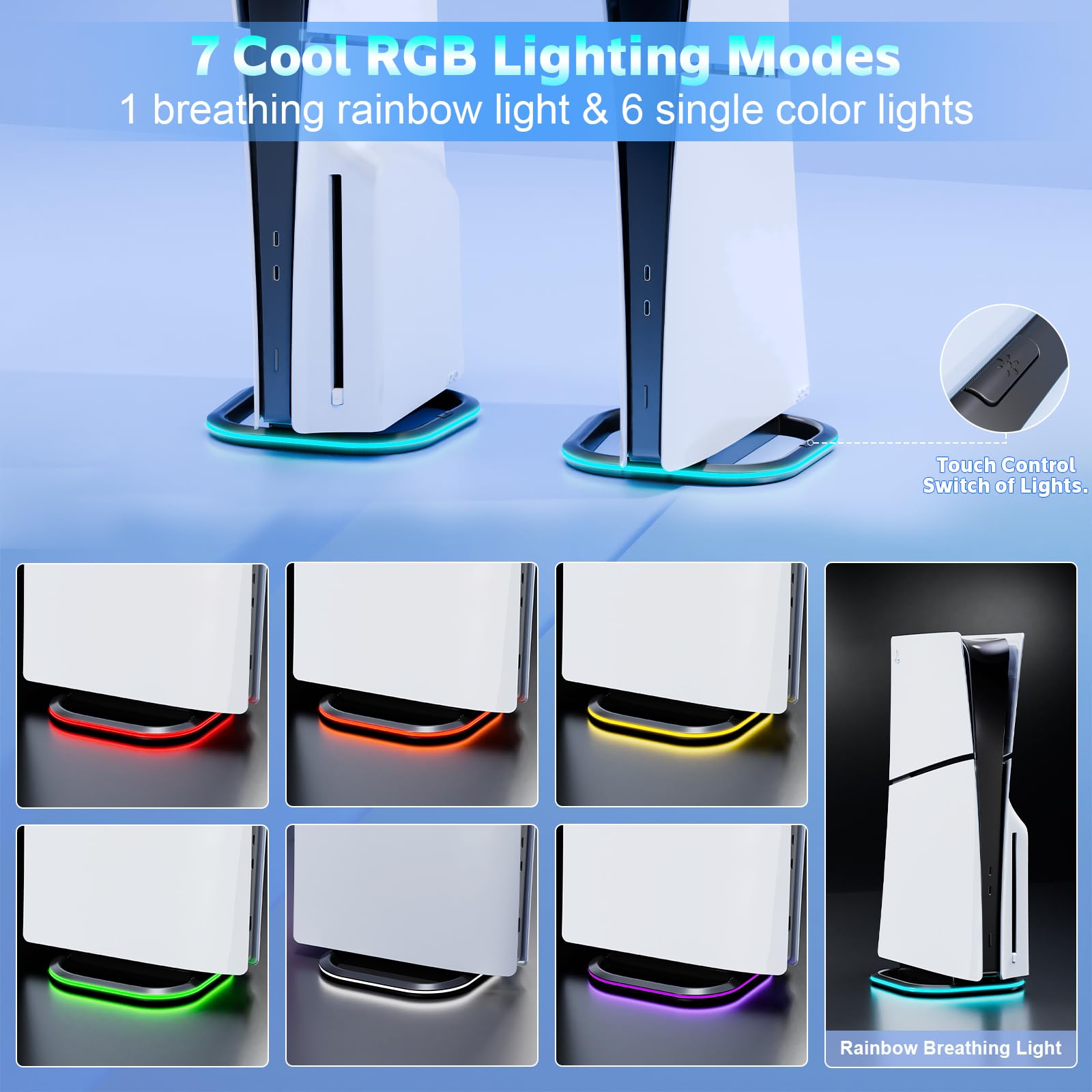 PS5 Vertical Stand with 7 RGB Lights - Compatible with PS5, PS5 Slim & PS5 Pro Consoles - Secure Screw Mount & Cooling Design - Perfect for Gaming Setups & Entertainment Centers (Black)