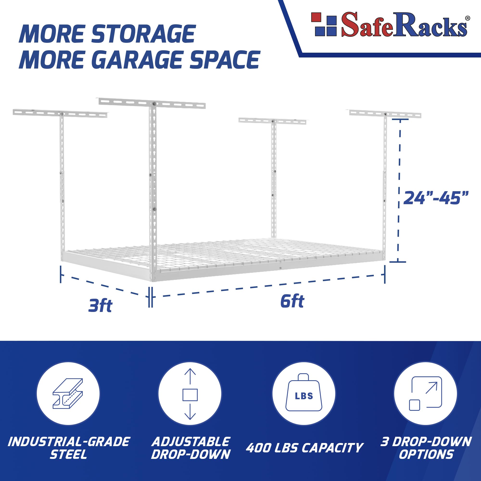 Heavy Duty Overhead Garage Storage Rack - 400 lb Capacity Adjustable Ceiling Mount Shelves 3x6 White (24