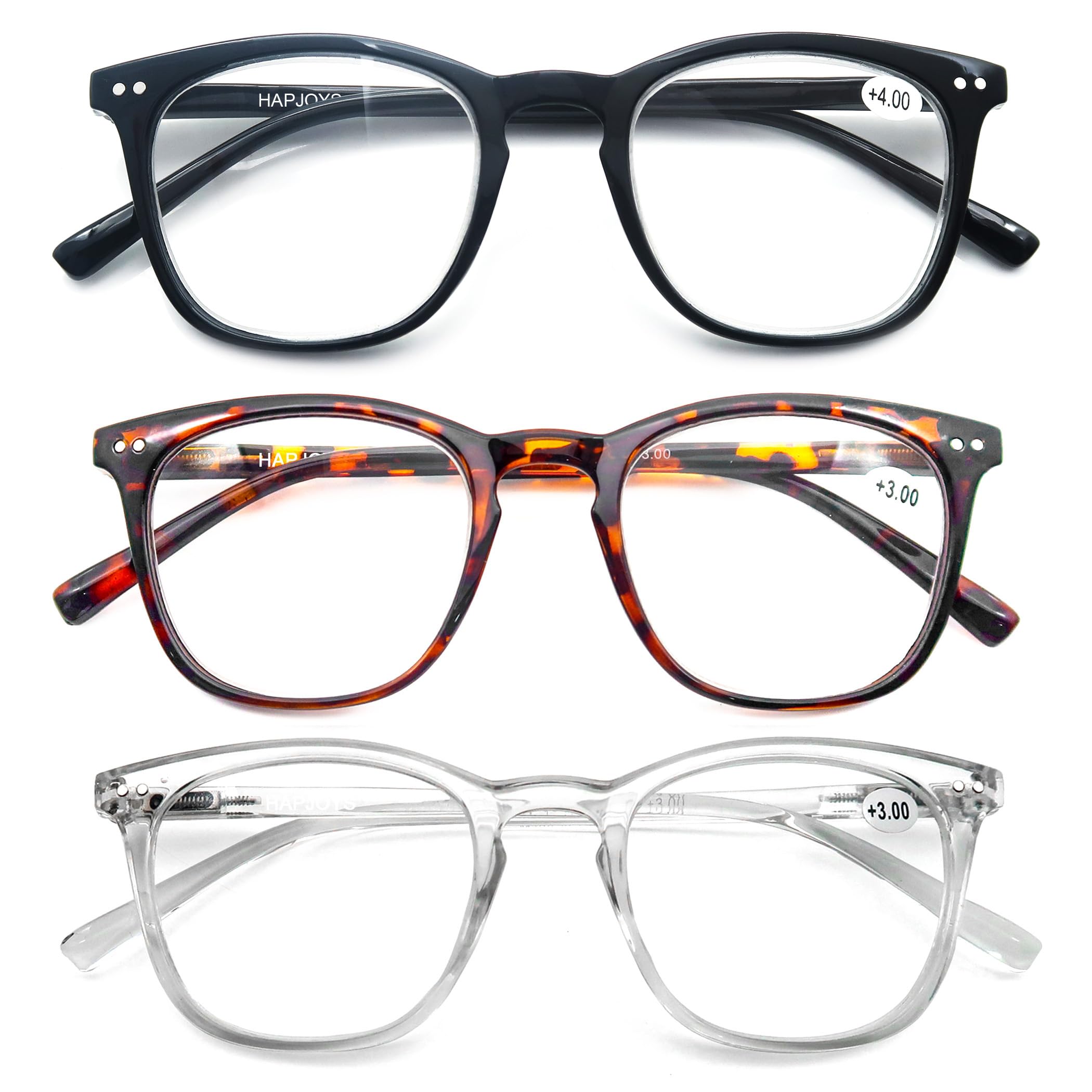 Stylish Reading Glasses for Women & Men - Lightweight 2.0 Magnification Readers - 3-Pack (Black, Tortoise, Clear) - Perfect for Reading Books, Using Phones & Working on Computers
