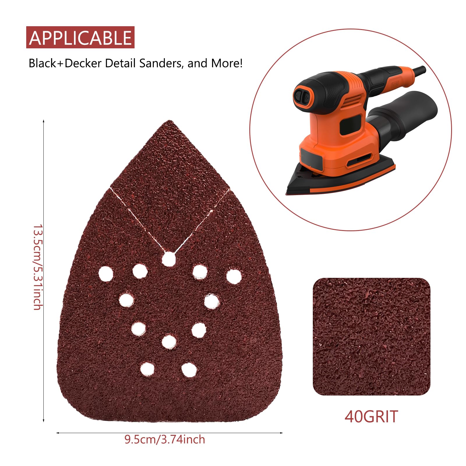 40 Grit Mouse Sander Sandpaper - 50PCS Hook & Loop Sanding Pads for Black & Decker & Other Palm Sanders - Triangle Sandpaper for Woodworking, Furniture Refinishing & DIY Projects (40 Grit)