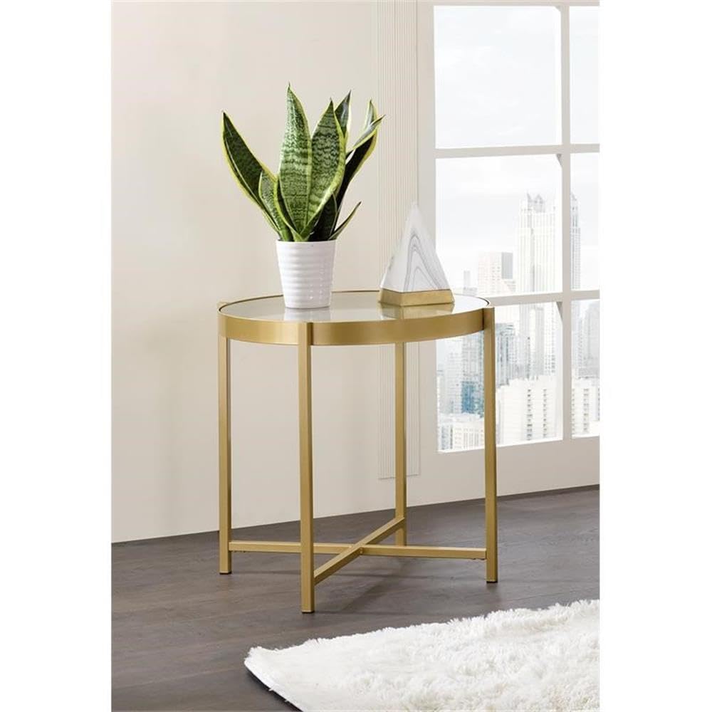Acme Charrot Round Glass End Table with Cross Bar Base in Clear and Gold - Modern Living Room Side Table for Coffee, Books & Decor