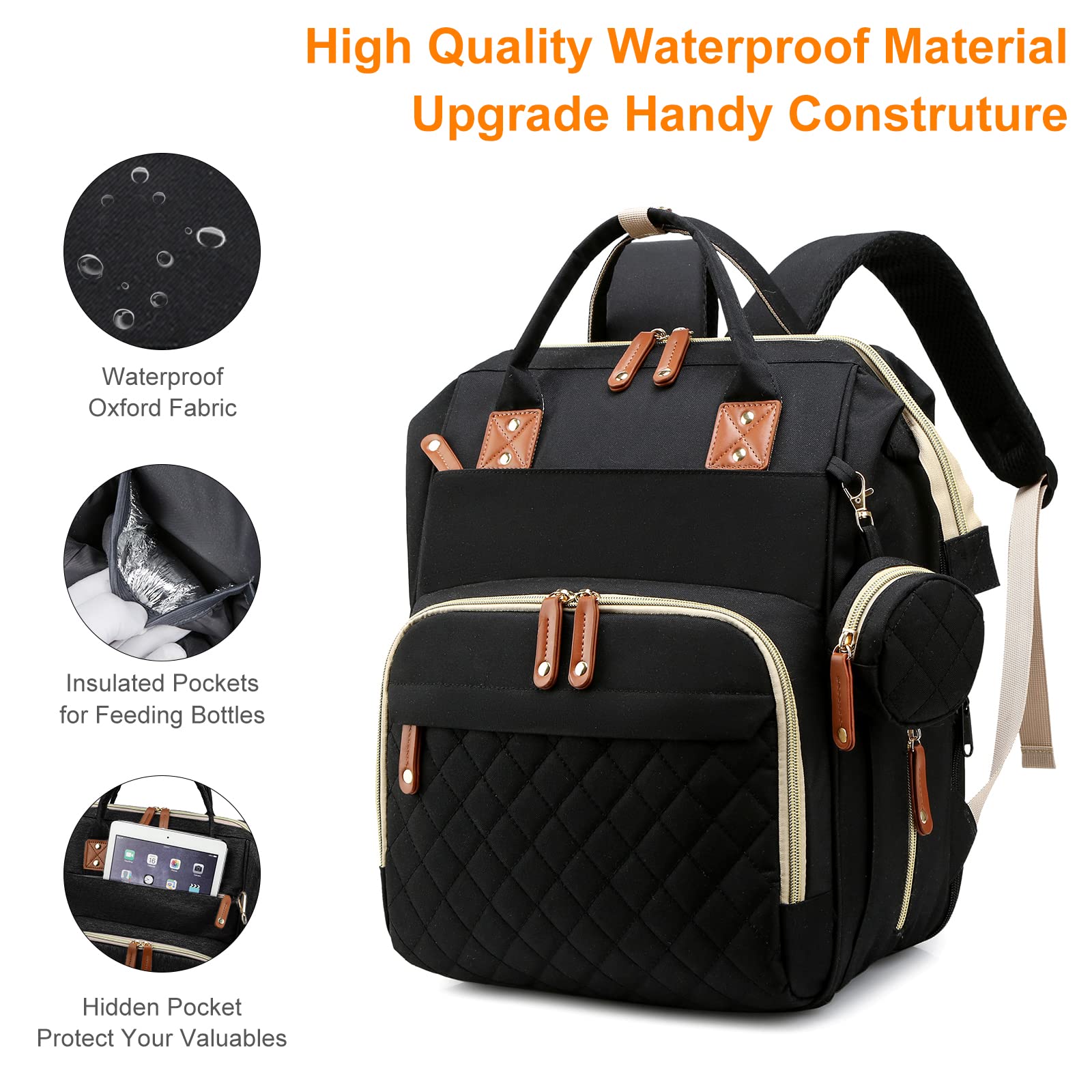 **Waterproof 3-in-1 Diaper Backpack with Changing Station & Foldable Pad – Large Travel Baby Bag for Boys & Girls – Perfect for Daycare, Travel & On-the-Go Parents (Black)**