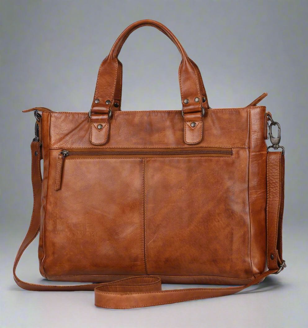 Premium Genuine Leather Two-Handled Messenger Bag for Laptop - Stylish & Durable Work & Travel Laptop Briefcase for Business Professionals & Students