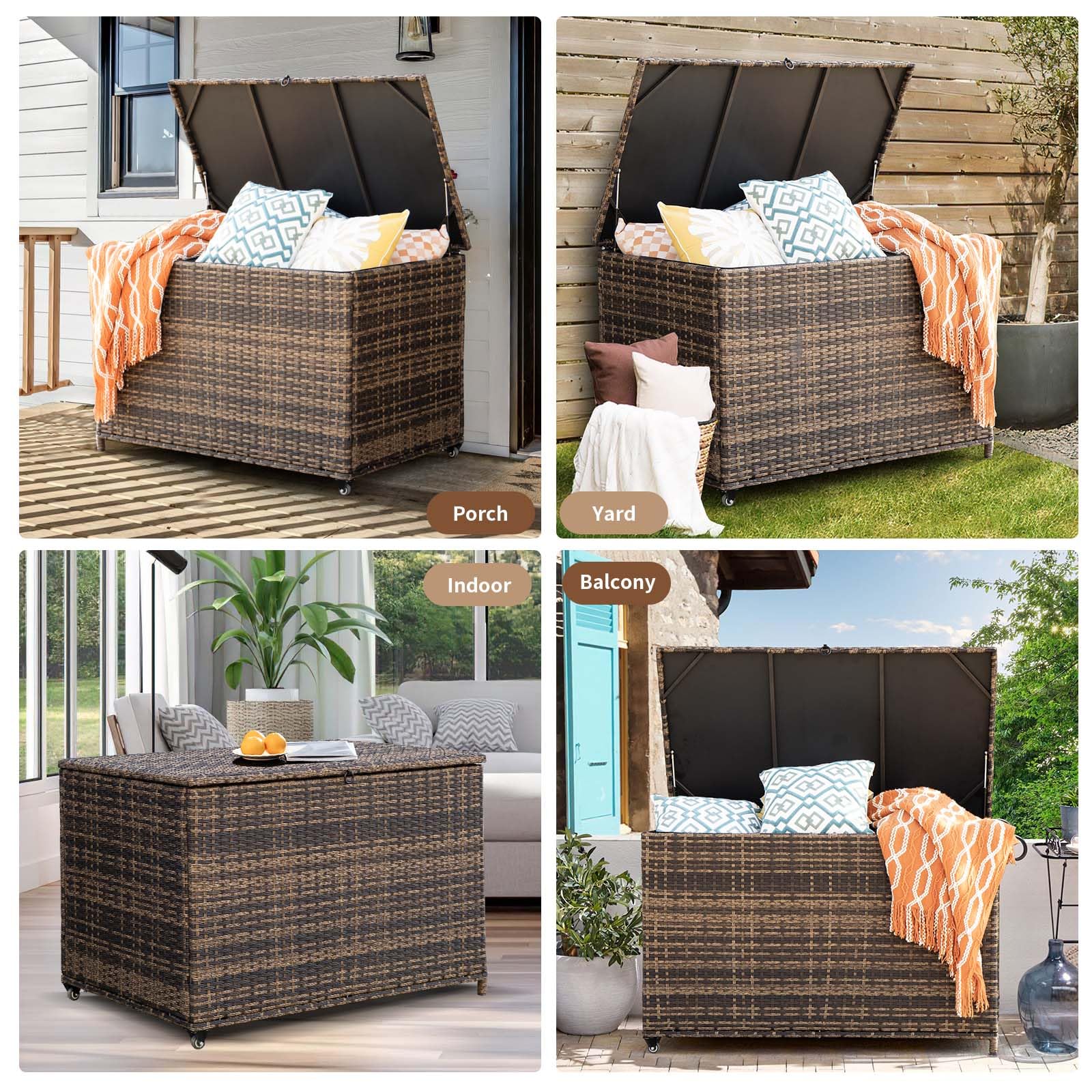 **178 Gallon Outdoor Storage Box with Wheels - Large Portable Wicker Rattan Deck Box for Patio Furniture Cushions, Throw Pillows, Garden Tools & Pool Floats - Weather-Resistant Brown Deck Box for Backyard, Garden & Poolside Storage**