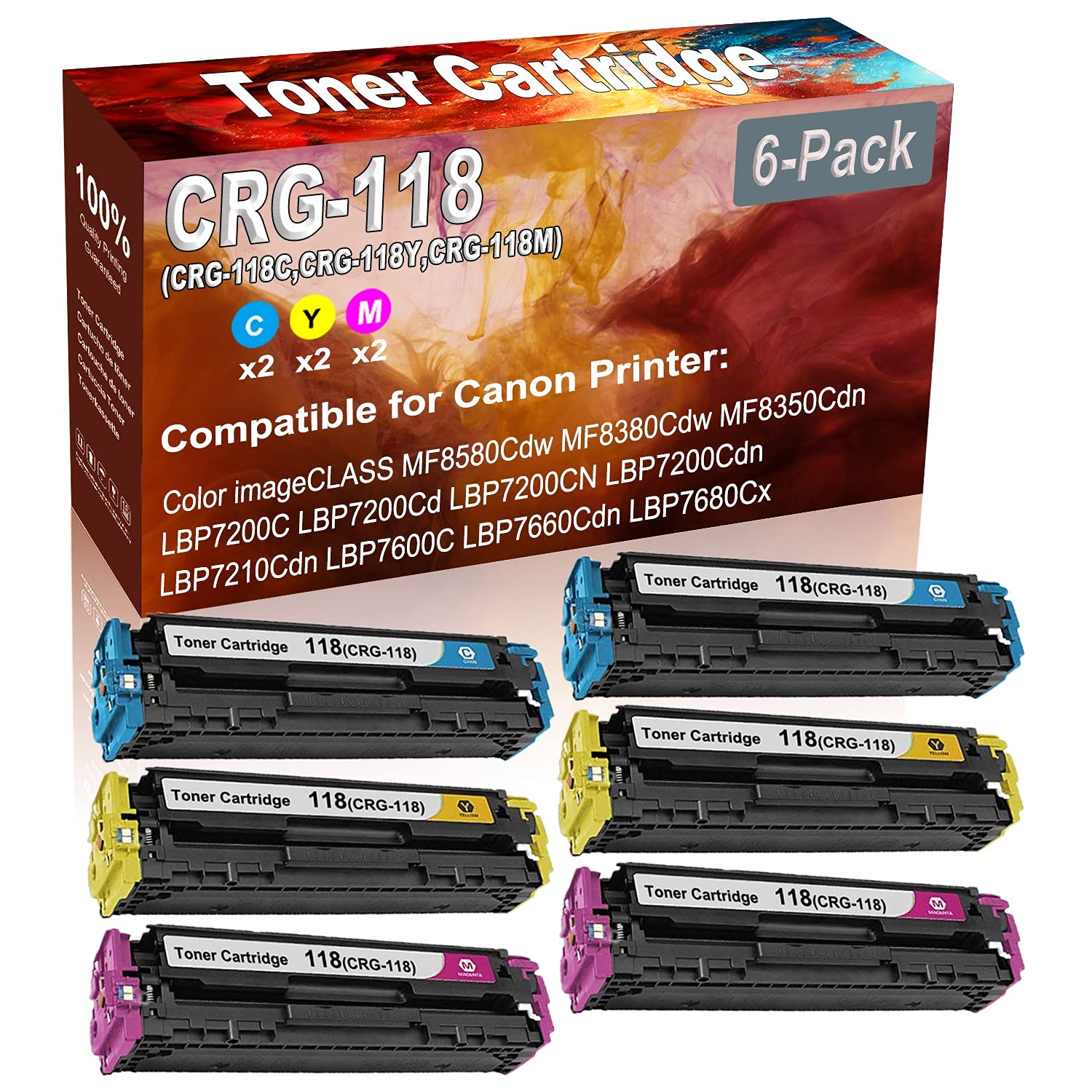 6-Pack High Yield Compatible Toner Cartridge for Canon MF8580Cdw/MF8380Cdw/MF8350Cdn - Replacement for CRG-118 (2Cyan+2Yellow+2Magenta) - Perfect for Office Printing, School Projects & Home Office Use