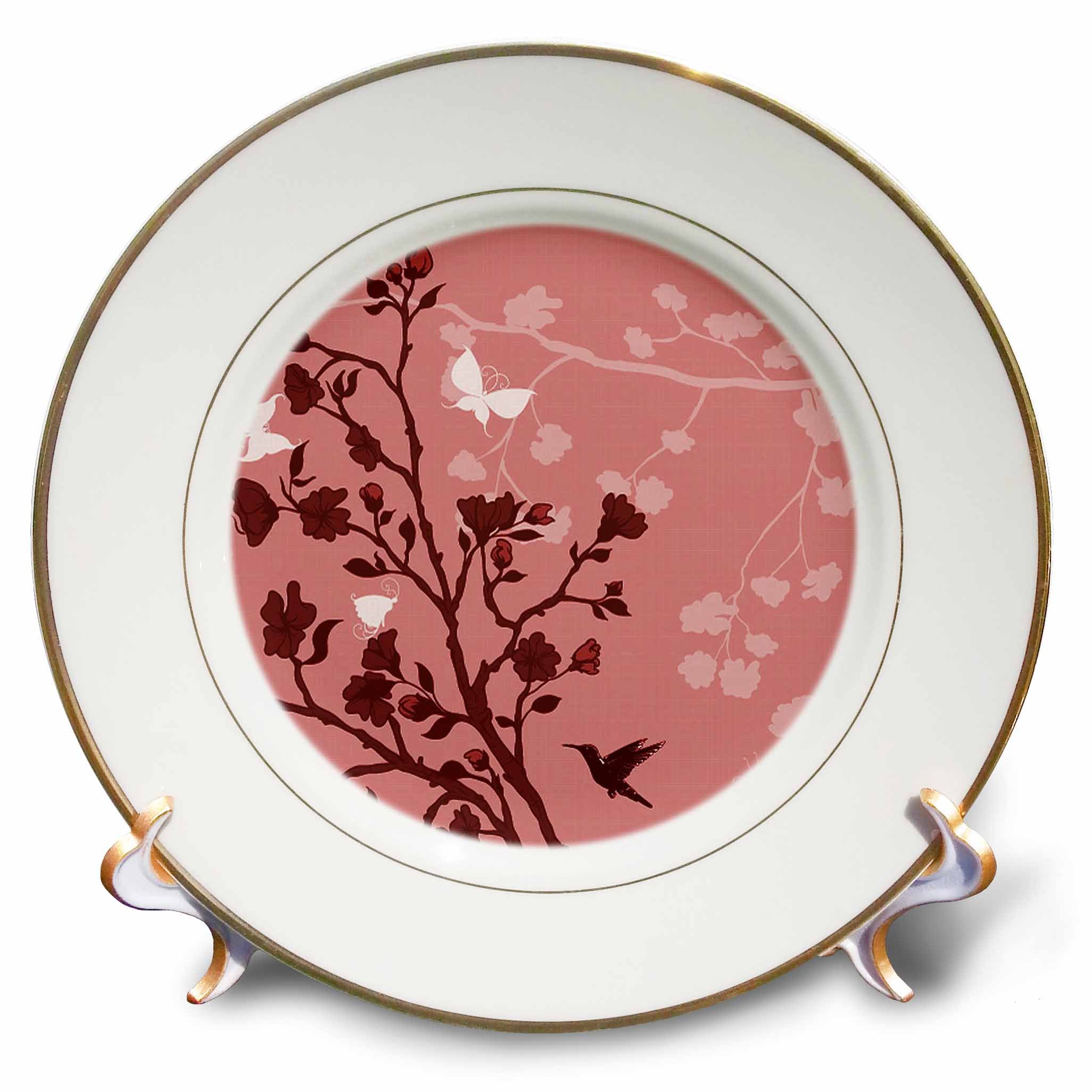 3D Rose Red Cherry Blossoms with Hummingbird & Butterflies Porcelain Plate - 8 Inch Decorative Dish for Home Decor, Kitchen Serving, or Wall Display