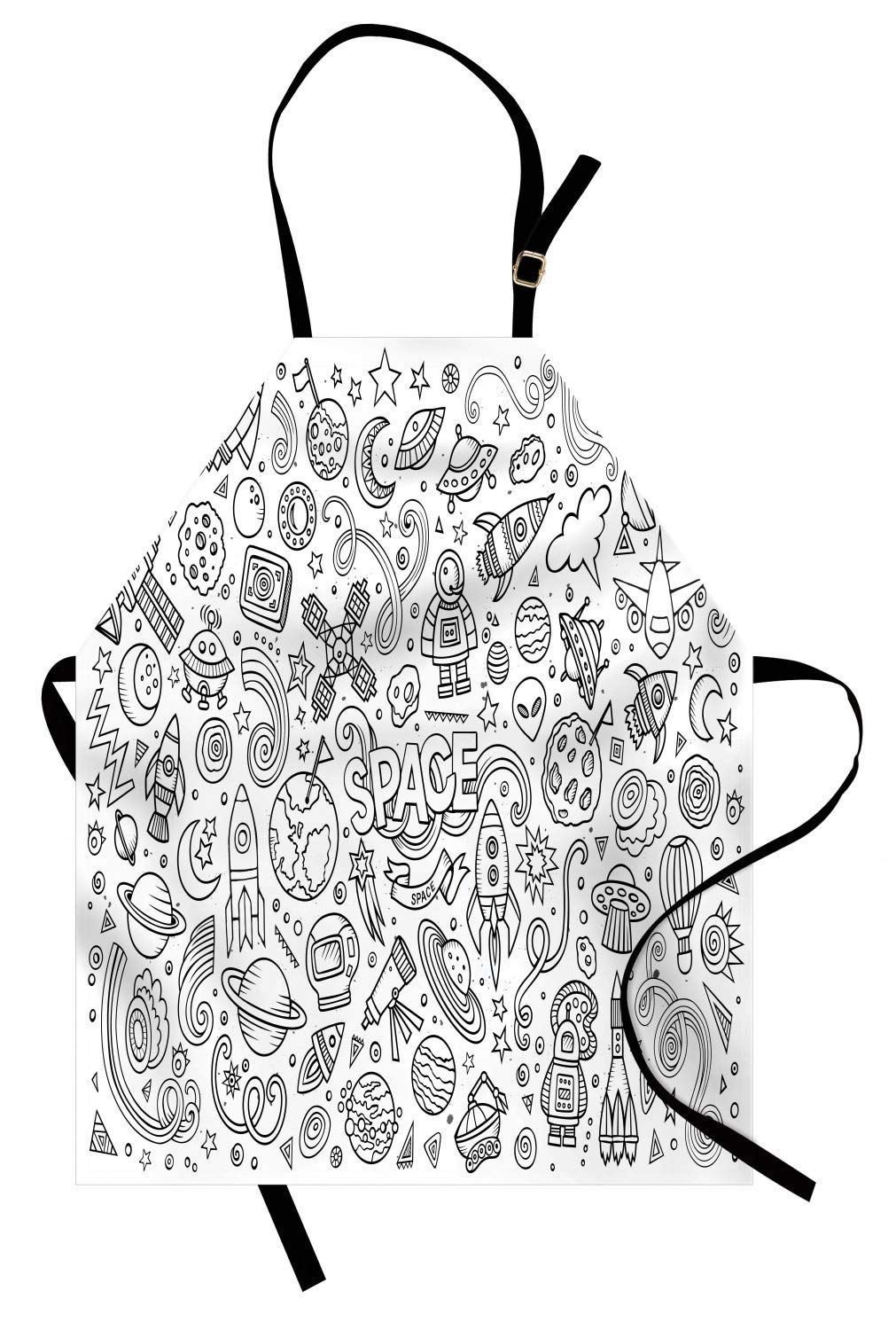 Ambesonne Cartoon Apron - Sketch Abstract Planets Doodle Drawing Style, Adjustable Unisex Kitchen Bib for Cooking & Gardening, Adult Size White & Black - Perfect for Home Chefs, BBQ Parties & Artsy Gift Ideas