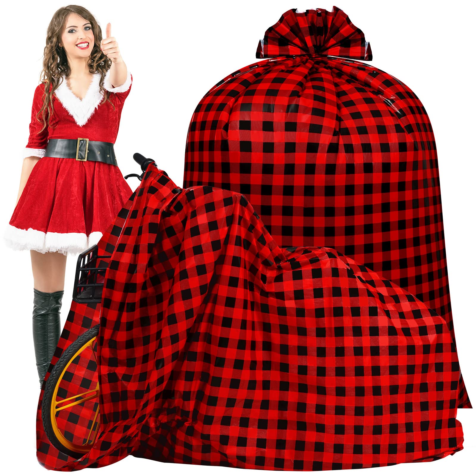 Teling 2 Pack 80 x 60 Inch Extra Large Christmas Bike Gift Bags - Heavy Duty Plastic Bicycle Present Bags for Xmas Gifts (Red & Black) - Perfect for Wrapping Oversized Bicycles, Motorcycles & Holiday Presents