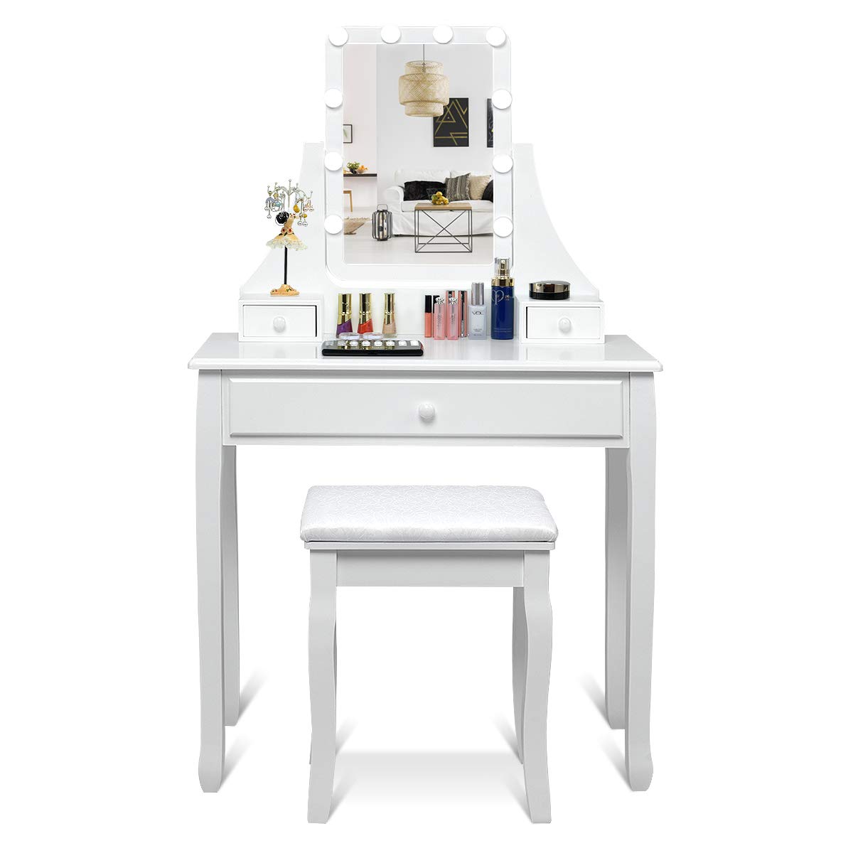 Charmaid Vanity Set with LED Lighted Mirror - 10 Dimmable Bulbs, 3 Drawers & 2 Dividers - Modern Makeup Dressing Table with Stool for Women & Girls (White) | Perfect for Bedroom, Dorm Room & Beauty Salon Makeup Station