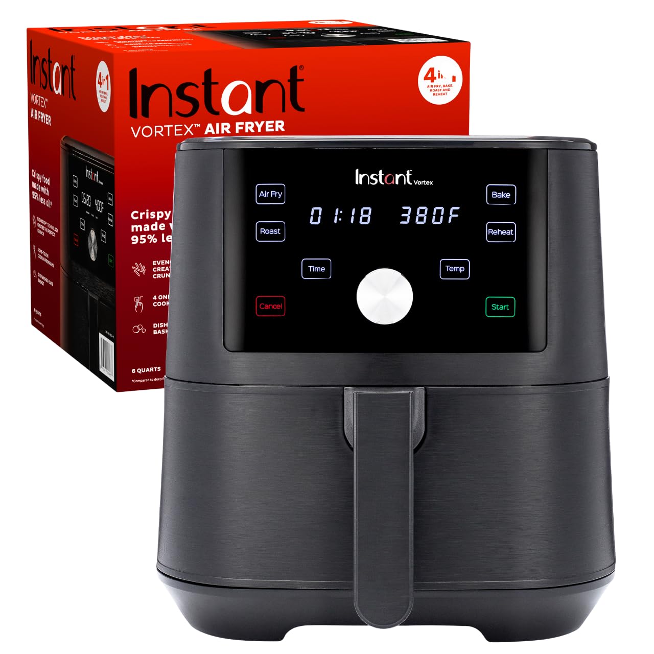Instant Pot Vortex 6QT XL Air Fryer - 4-in-1 Multi-Cooker for Crisping, Roasting, Reheating & Baking | 100+ In-App Recipes | Dishwasher Safe | Perfect for Quick Family Meals, Healthy Cooking & Meal Prep | Black