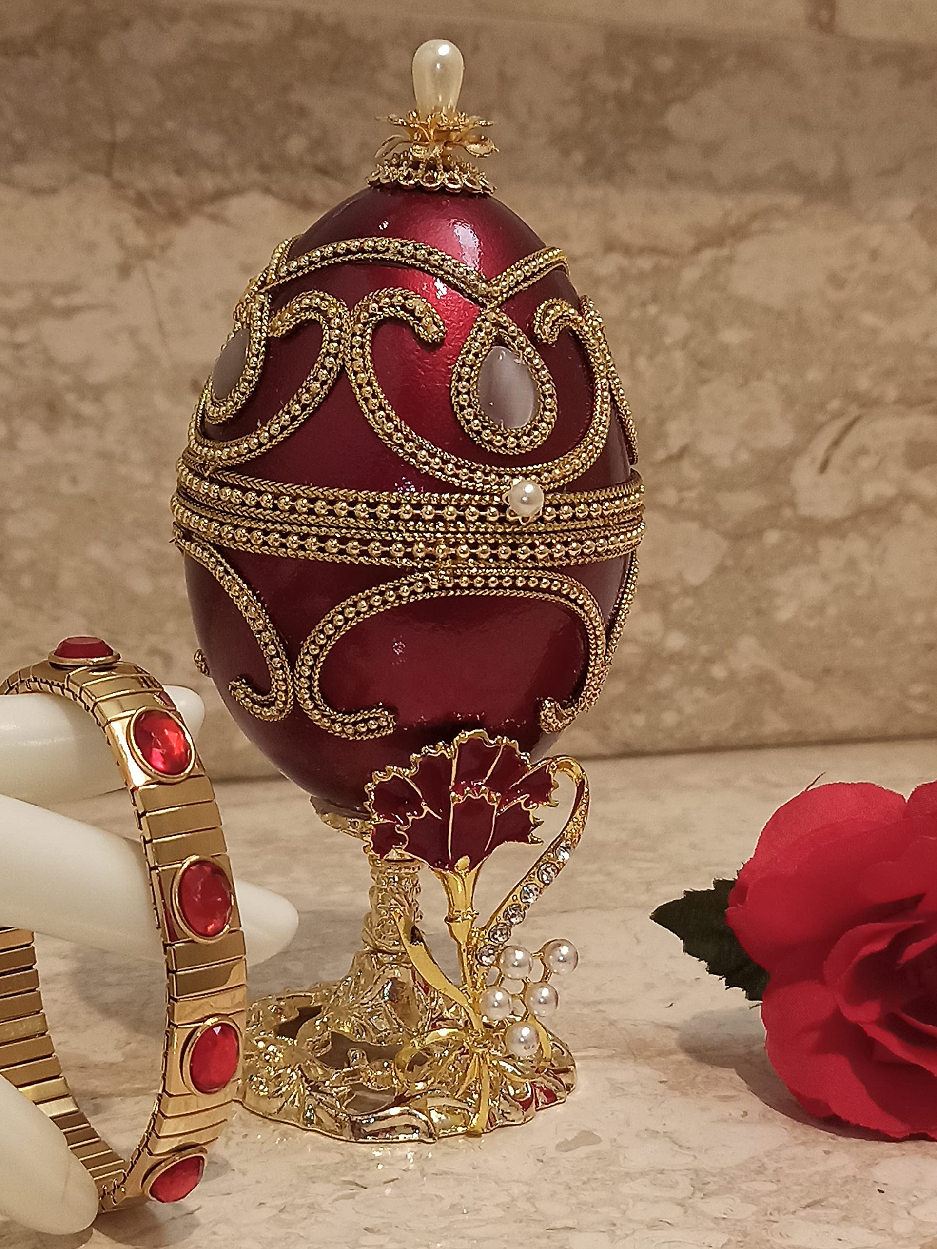 Exquisite Carnation Jewelry Egg Faberge Musical Trinket Box - Unique Anniversary & Birthday Gift for Girlfriend, Best Friend | Perfect for Romantic Surprises, Keepsake Storage & Special Occasions
