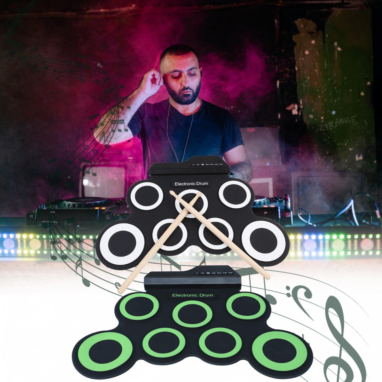 Portable Electronic Drum Set with 7 Silicone Pads, Foldable Design, Drum Pedals & Sticks Included - 10 Hours Playtime - Perfect for Kids & Beginners - Great Birthday & Children's Day Gift (Green) - Ideal for Home Practice, Music Lessons & Indoor Play