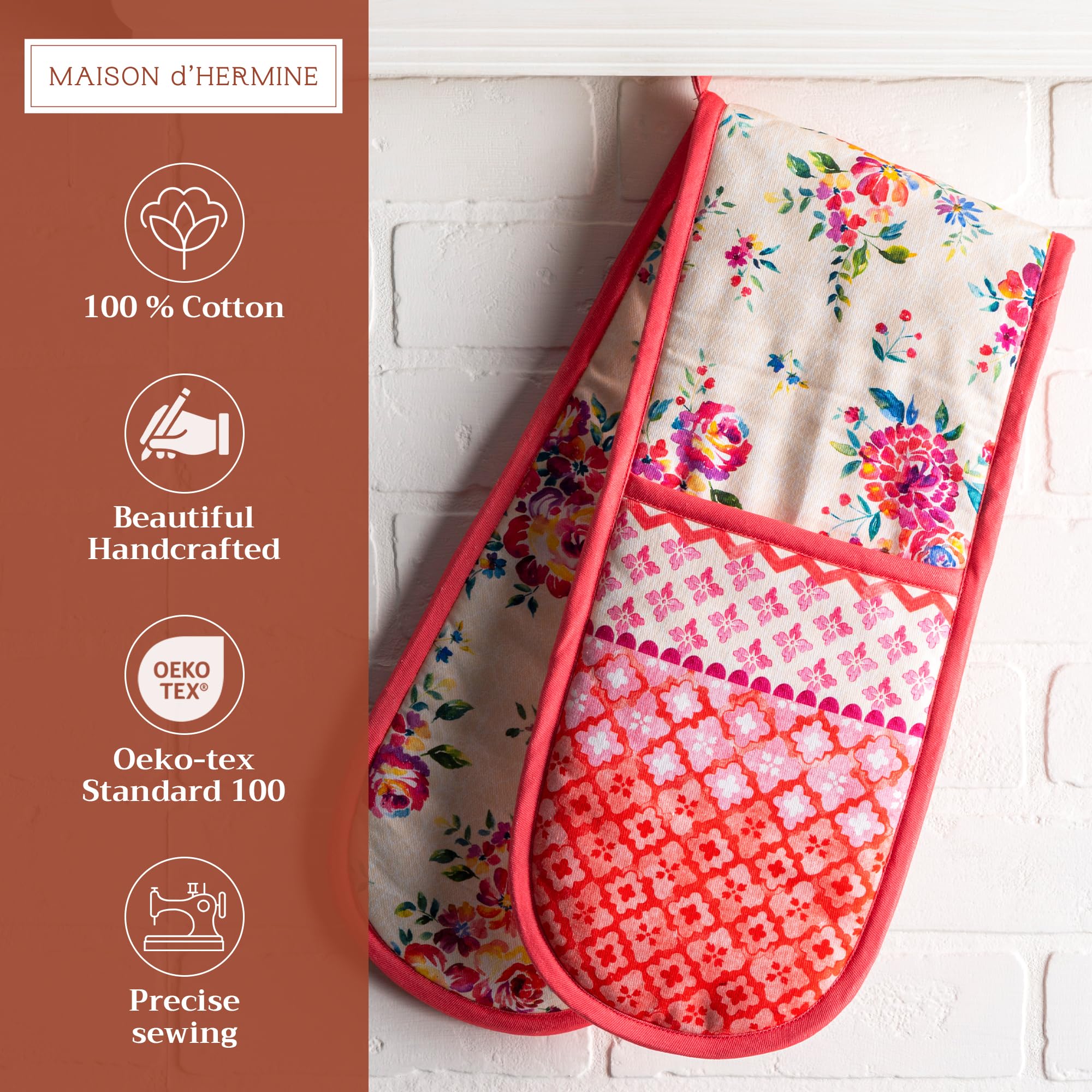 Maison d'Hermine Rose Garden 100% Cotton Double Oven Mitts with Loop - Heat Resistant BBQ Gloves for Cooking, Baking, Grilling & Microwave Use - Spring/Summer Kitchen Accessories (7.5x35 Inch) - Perfect for Holiday Meals, Outdoor Barbecues & Home Baking