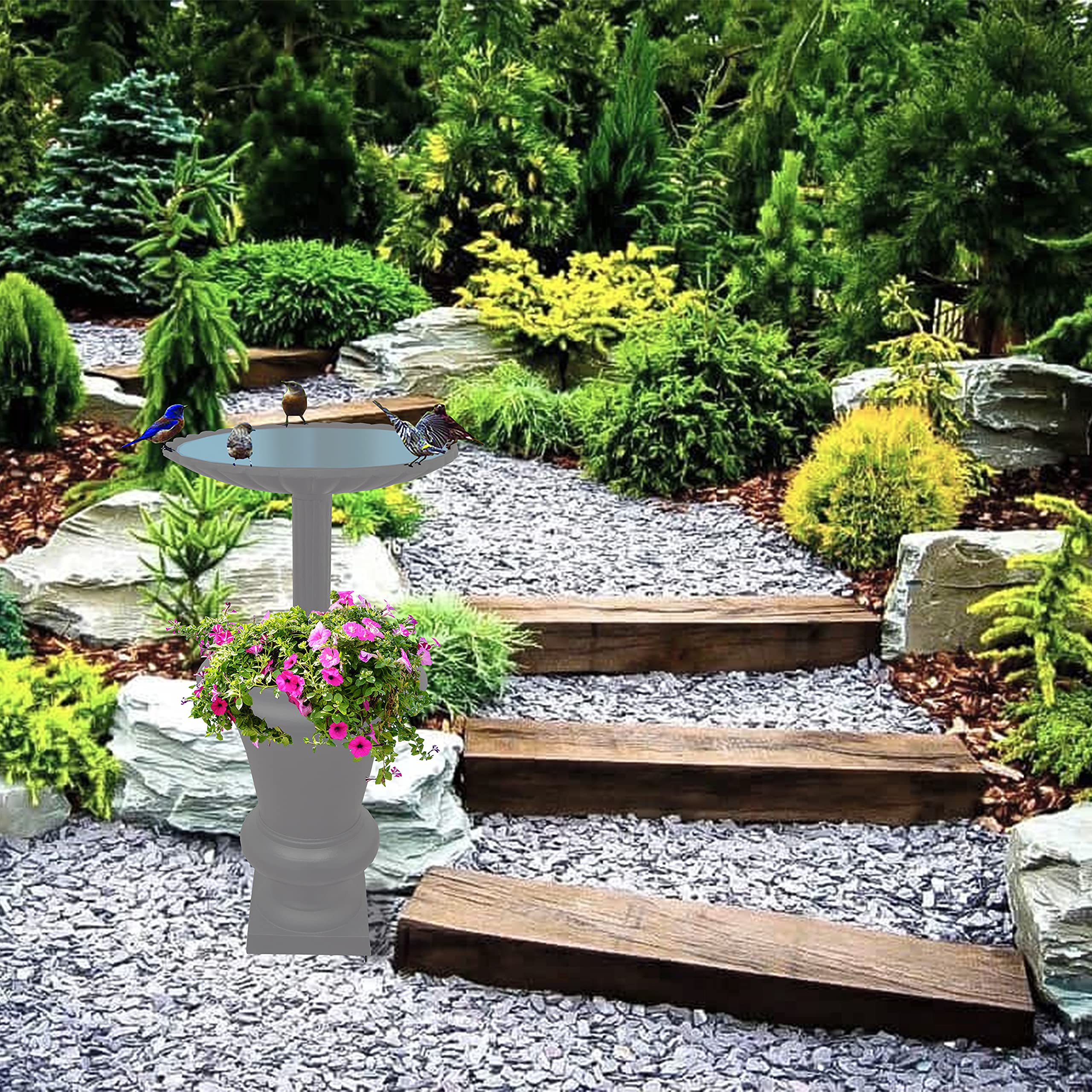 Oakland Living 40-inch Round Cast Aluminum Bird Bath and Planter Vase Combo - Elegant Grey Outdoor Garden Decor for Birds and Flowers | Perfect for Patio, Lawn, and Backyard Landscaping