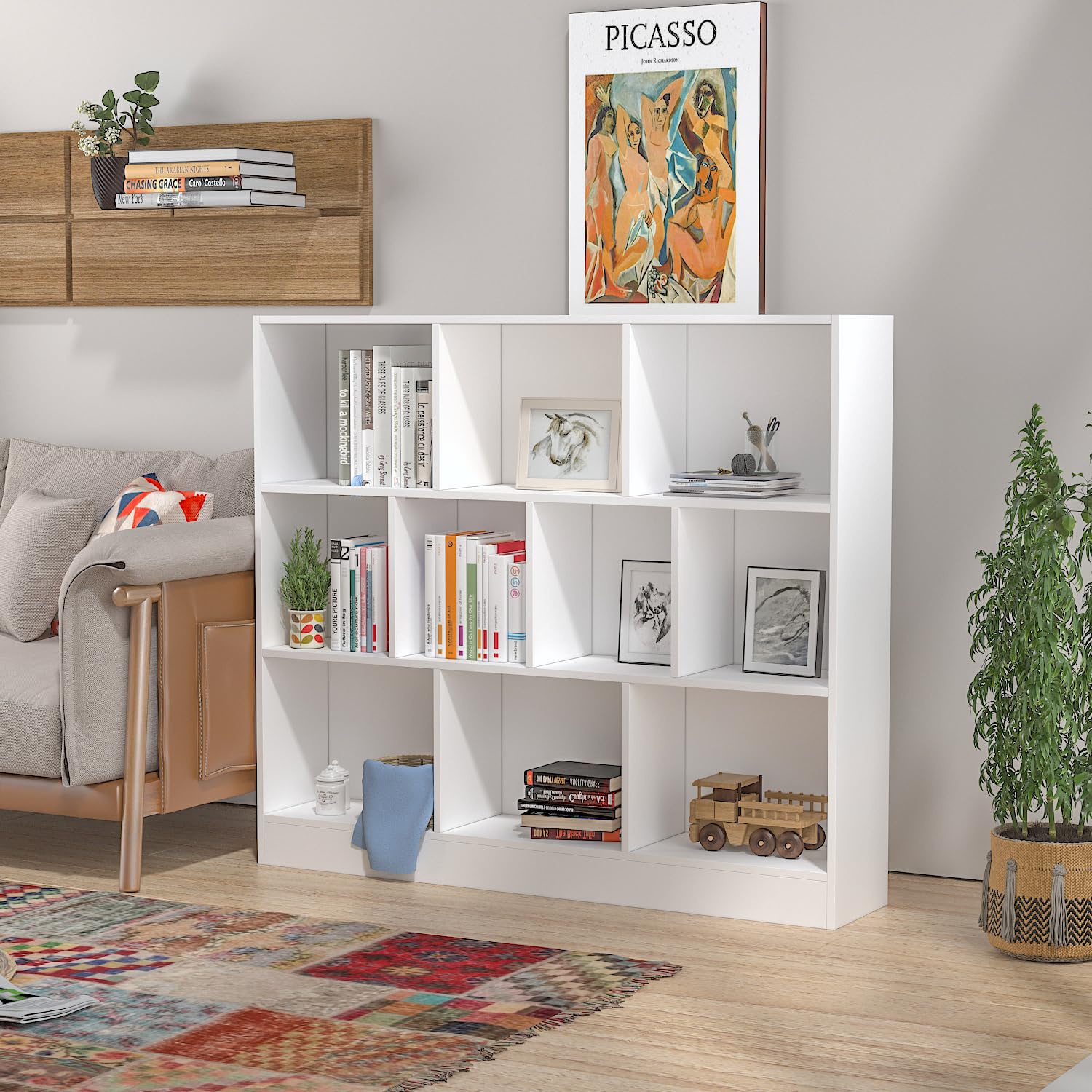AIEGLE 10-Cube Bookshelf - 3-Tier Wooden Cube Storage Shelf, Modern Floor Standing Bookcase for Kids Bedroom, Living Room & Office - White (47.2