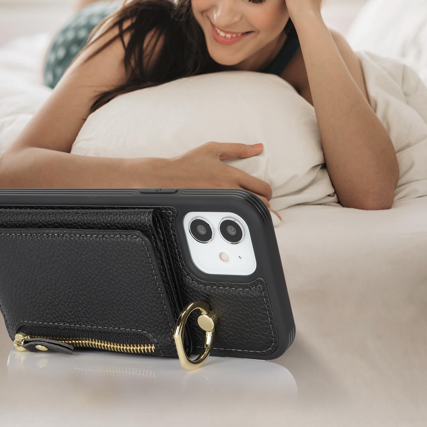 Premium Leather iPhone 12/12 Pro Wallet Case with Card Holder, Crossbody Strap & Stand Ring - Black | Slim Protective Phone Cover with Zipper Pocket for Women & Men | Perfect for Travel, Shopping & Everyday Use