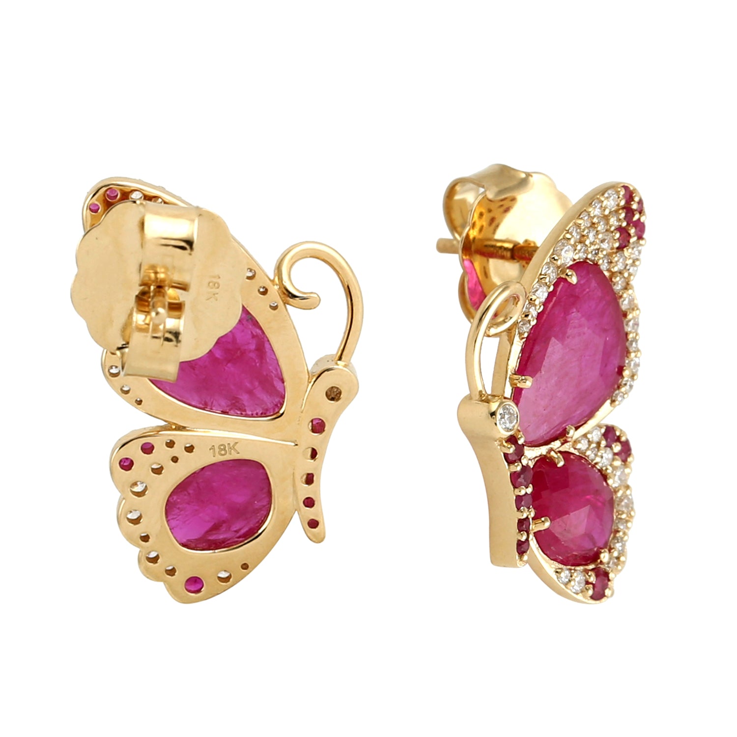 18K Yellow Gold Oval Cut Ruby Pave Diamond Butterfly Stud Earrings - Elegant Jewelry Gift for Women, Birthday, Anniversary, Valentine's Day - Perfect for Parties, Weddings, and Special Occasions
