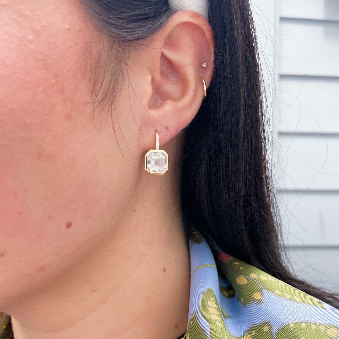 Goshwara Asscher Cut Moon Quartz & Diamond 18K Yellow Gold Earrings for Women - Elegant Luxury Jewelry for Weddings, Parties & Special Occasions