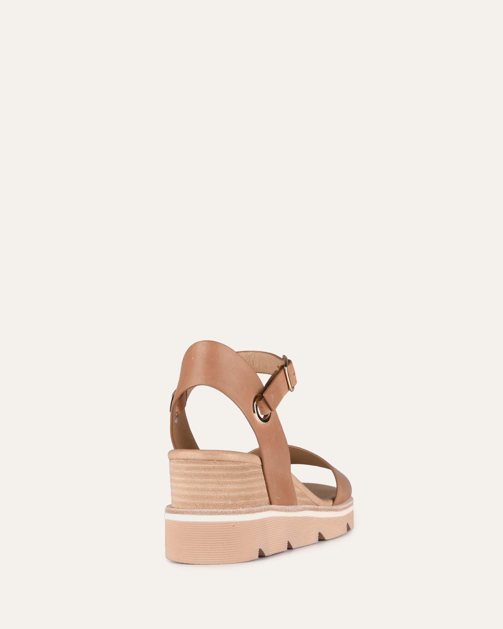 KATIE Women's Mid Heel Wedge Sandals - Tan Leather Comfortable Summer Shoes for Beach, Party & Casual Outings