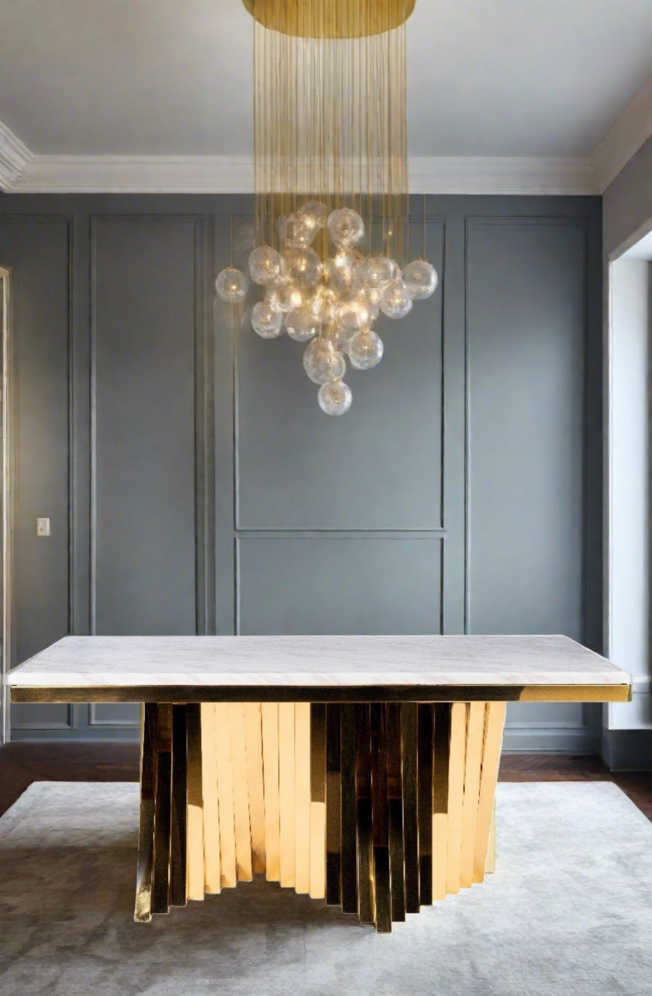 Gold Rectangular Marble Top Dining Table with Waterfall Edge - Elegant Modern Kitchen & Dining Room Furniture for Home Decor & Entertaining