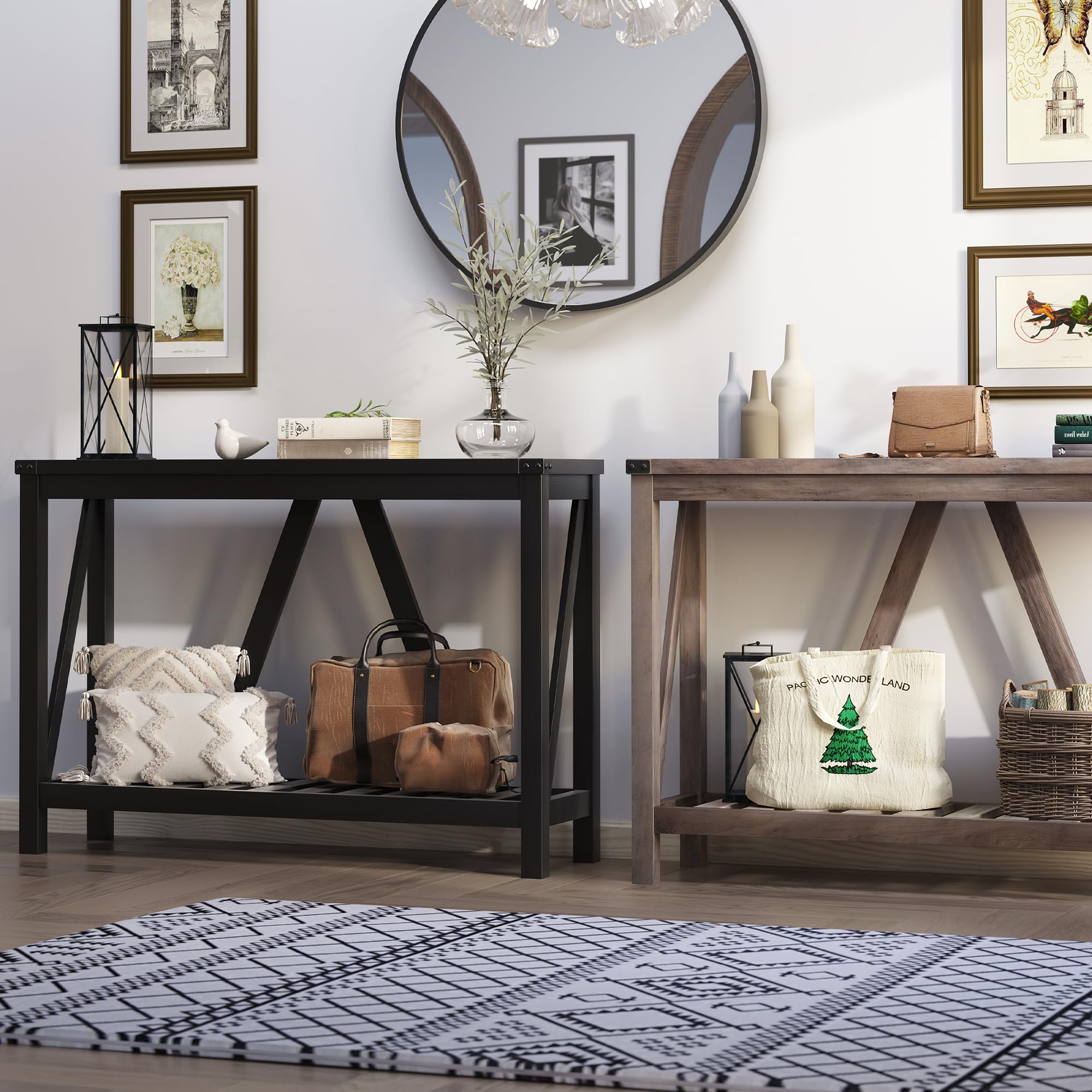 Farmhouse Style Wooden Entryway Console Table with Storage Shelves - Rustic Sofa Table for Living Room, Hallway, Foyer - Black Finish (1PC) - Perfect for Small Space Organization & Home Decor