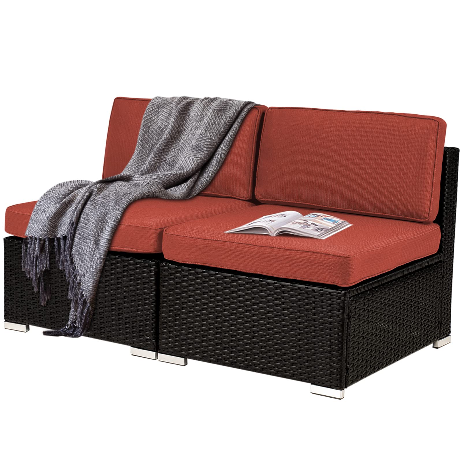 Incbruce 2-Piece Outdoor Patio Sectional Sofa Set - PE Black Wicker Rattan Loveseat & Armless Chair with Washable Cushions (Orange Red) - Perfect for Backyard, Garden, Poolside & Balcony Relaxation