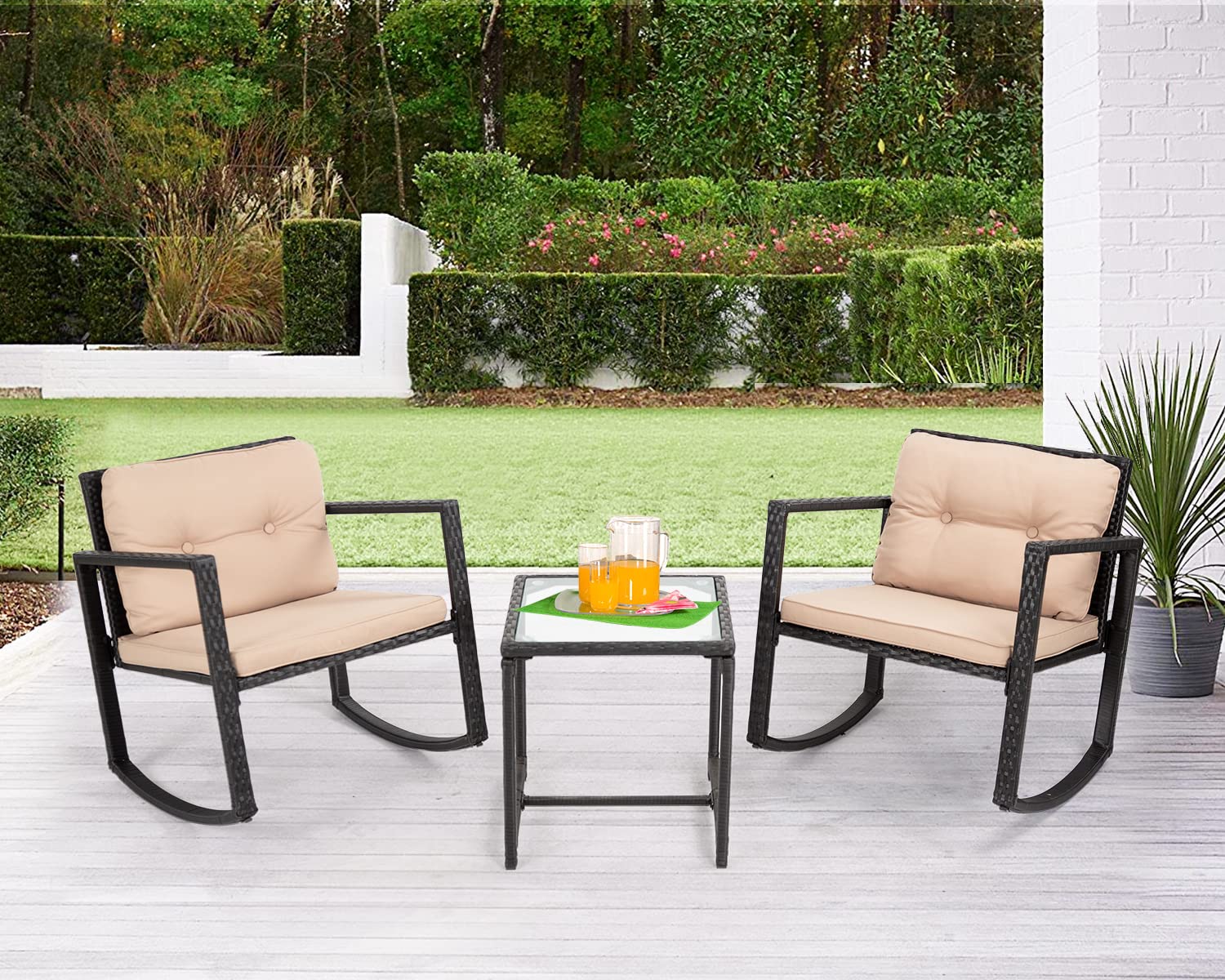 PayLessHere 3-Piece Patio Rocking Bistro Set - Wicker Rattan Chairs with Glass Coffee Table - Outdoor Furniture for Porch, Yard, Backyard, Garden or Cafe | Perfect for Relaxing, Entertaining & Dining Al Fresco