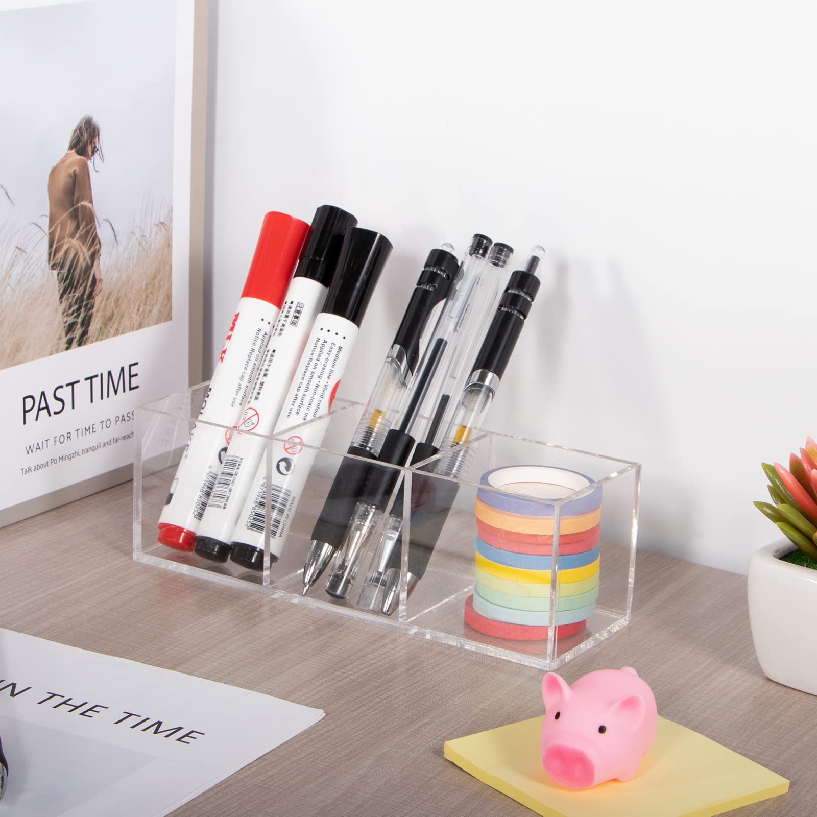 Clear Acrylic Makeup Organizer - 3 Compartment Pen & Pencil Holder (7.1x2.36x2.36 Inches) | Plastic Storage Cube for Cosmetics, Jewelry & Office Supplies | Perfect for Vanity, Desk & Bathroom Organization