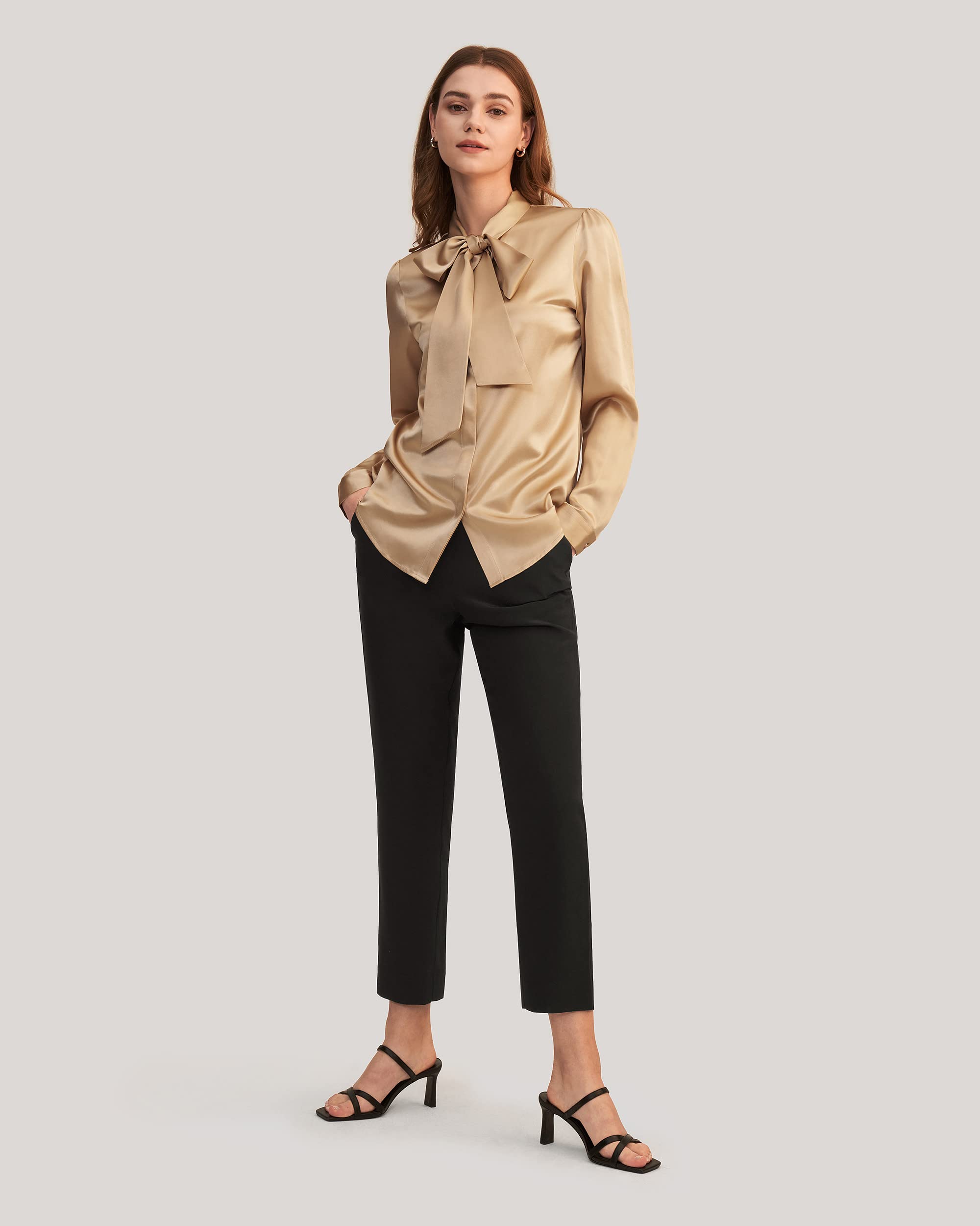 LilySilk Women's Vintage Bow Tie Neck Long Sleeve Silk Blouse - 100% Pure Silk Button Down Shirt for Work, Office & Special Occasions