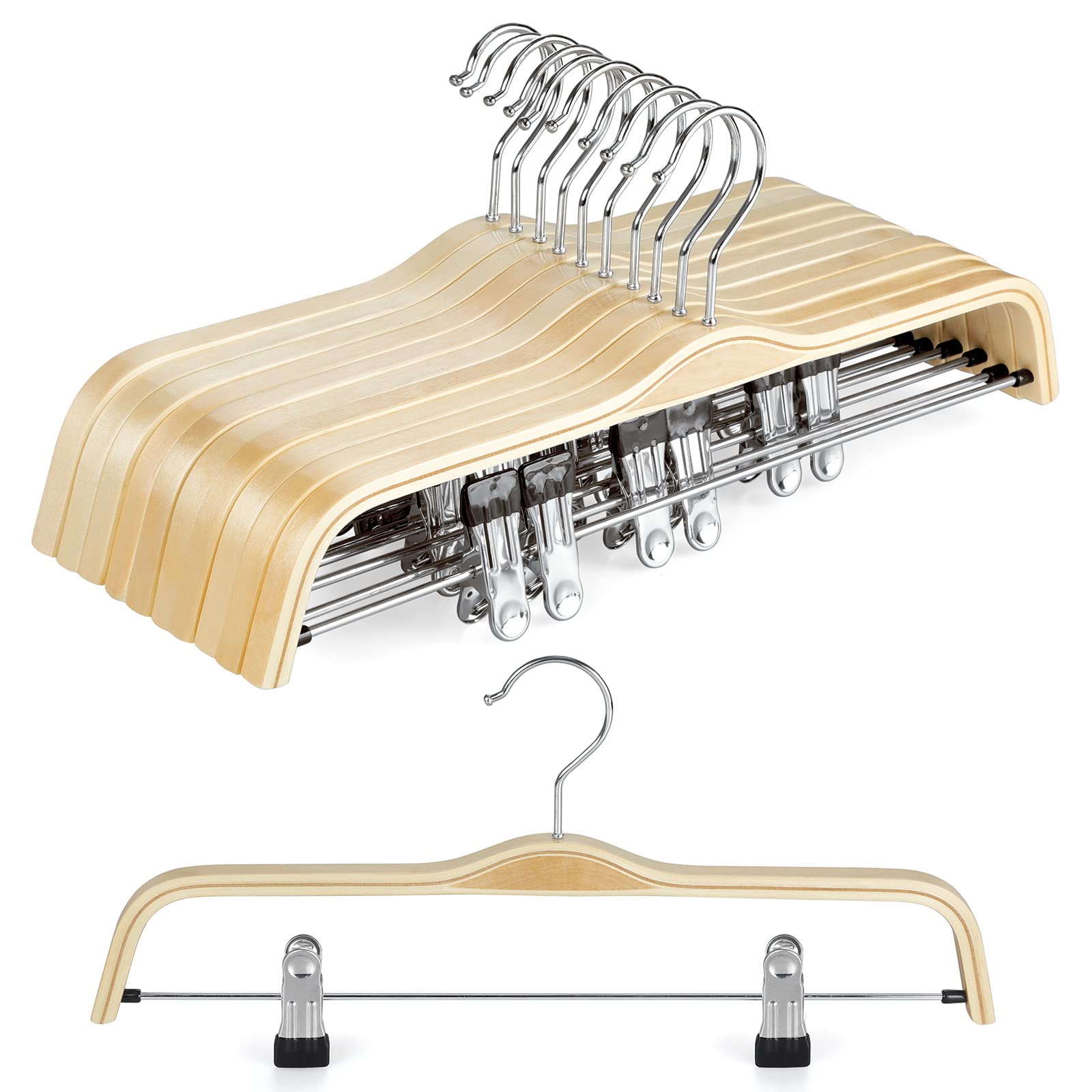 TOPIA HANGER 10-Pack Wooden Pants Hangers - Slim Natural Wood Skirt Hangers with Anti-Rust Hook & Adjustable Metal Clips - Perfect for Skirts, Pants, Slacks - Ideal for Closet Organization & Wardrobe Storage