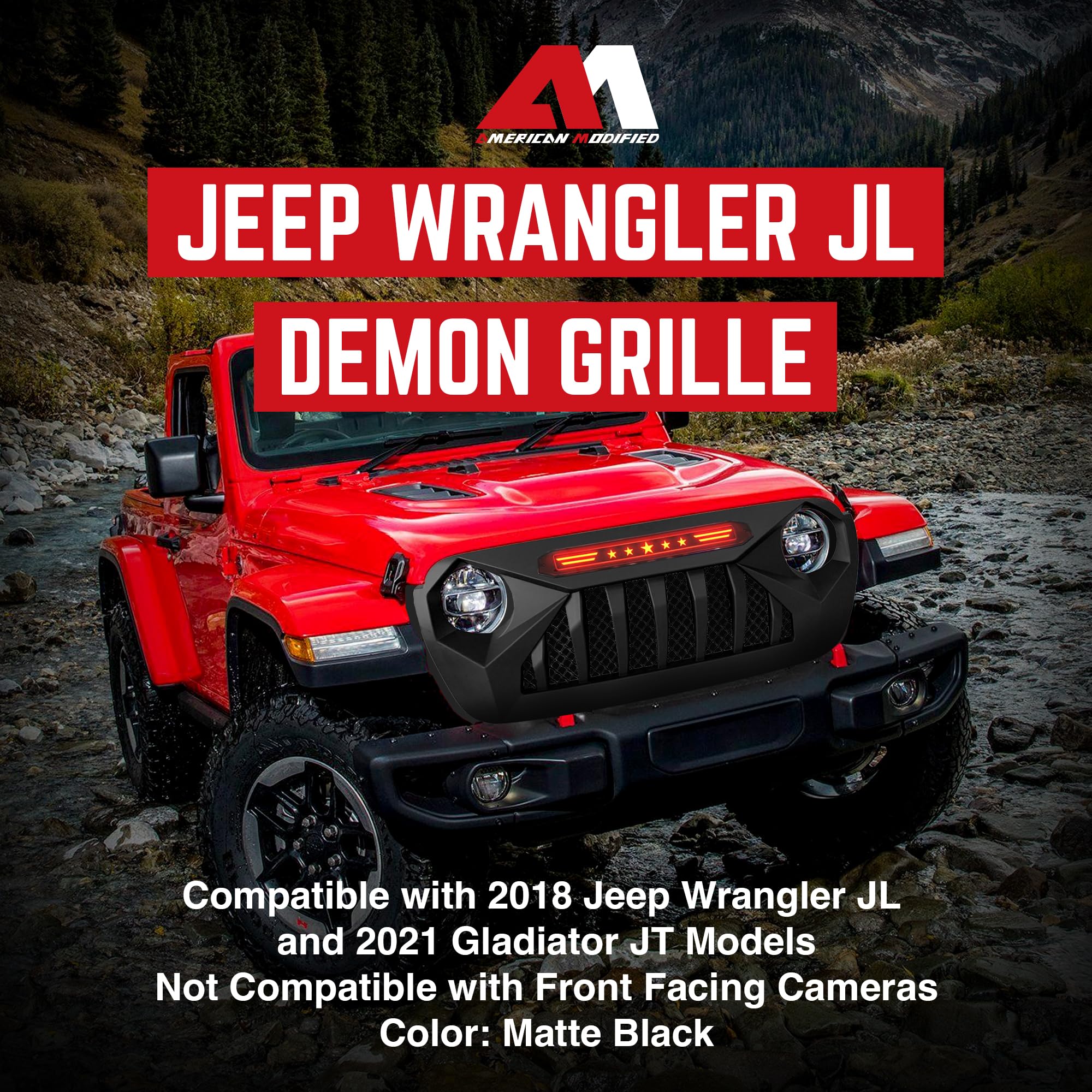 American Modified Demon Front Grille with Red LED Star Lights for Jeep Wrangler JL & Gladiator JT (2018-2021) - Matte Black | No TrailCam Required | Off-Road Upgrade for Enhanced Style & Night Visibility